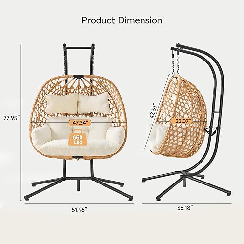 Miniatura 2 de ONBRILL Silla colgante doble con soporte, hamaca estilo nudo bohemio, cesta plegable y tejidos más densos, sofá biplaza de capacidad de 650 libras