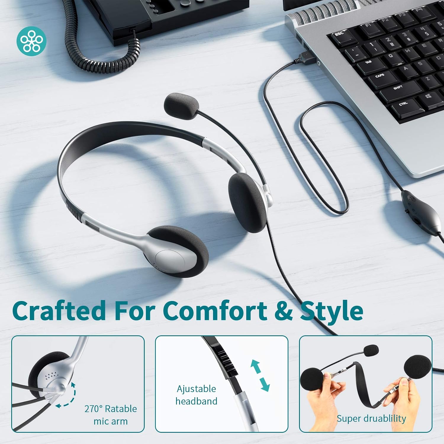 USB Headset Computer Headset with Microphone, Lightweight PC Headset Wired Headphones Business Headset for Skype Webinar Cell Phone Call Center