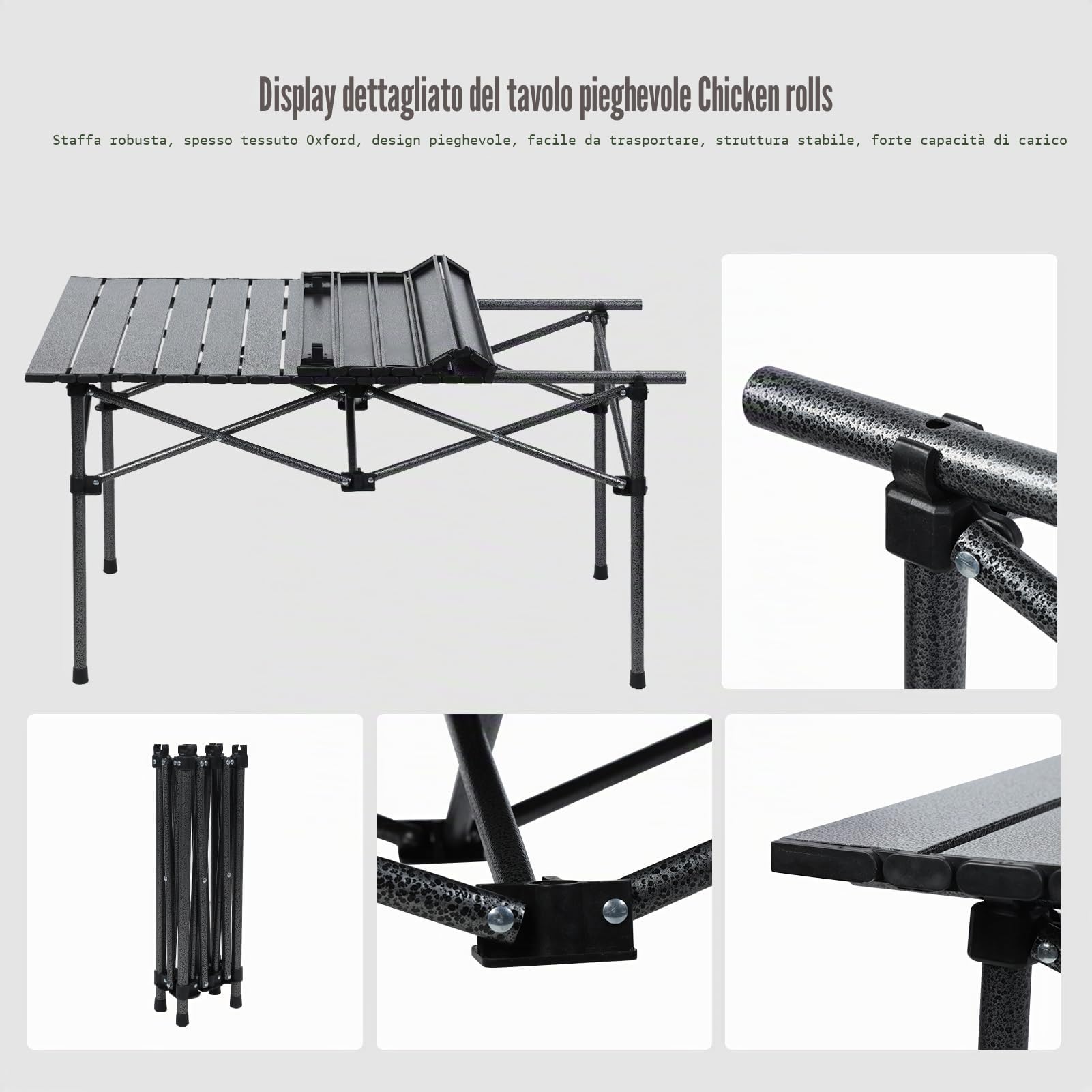 Set di tavolo e sedie da campeggio, tavolo e sedie da picnic pieghevoli, in metallo, portatili, 4 sedie, con grande organizer e borsa per il trasporto, per picnic, campeggio, barbecue, nero