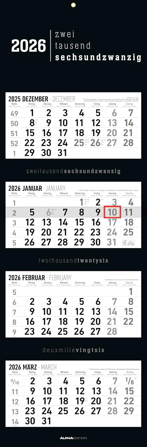 4-Month Calendar Black 2026 - Office Calendar 33 x 20 cm (Closed), 33 x 100 (Open) - Foldable - with Date Slider - Alpha Edition      Calendar – Wall Calendar, May 1, 2025