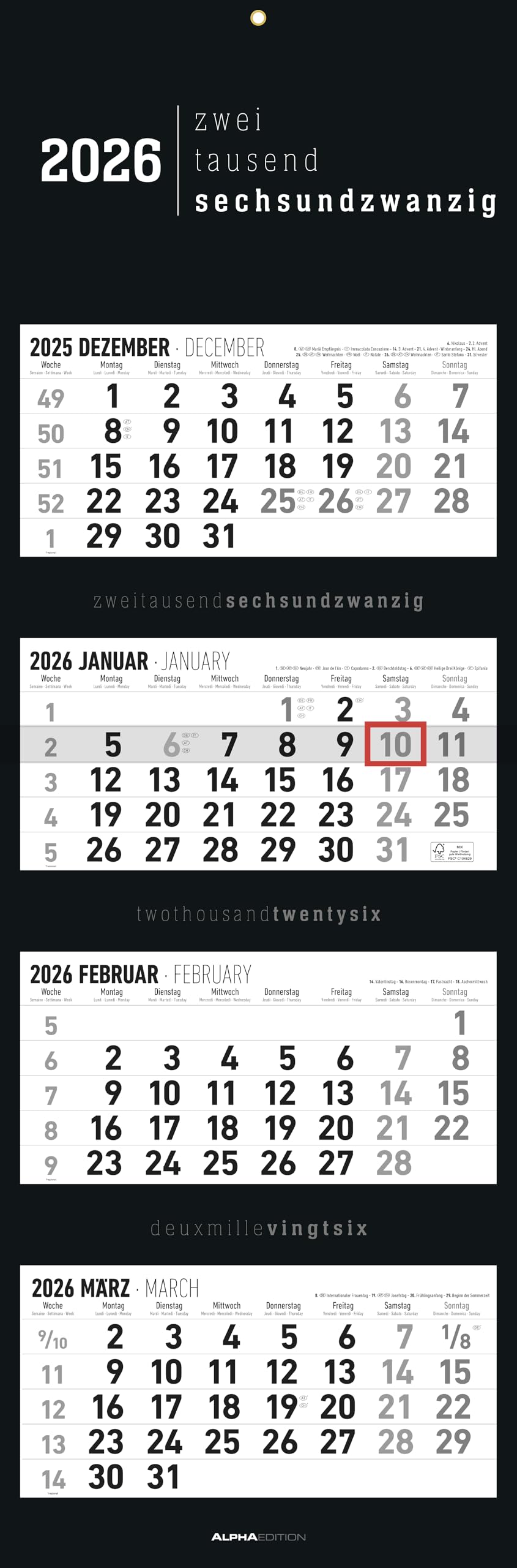 4-Month Calendar Black 2026 - Office Calendar 33 x 20 cm (Closed), 33 x 100 (Open) - Foldable - with Date Slider - Alpha Edition-image-16