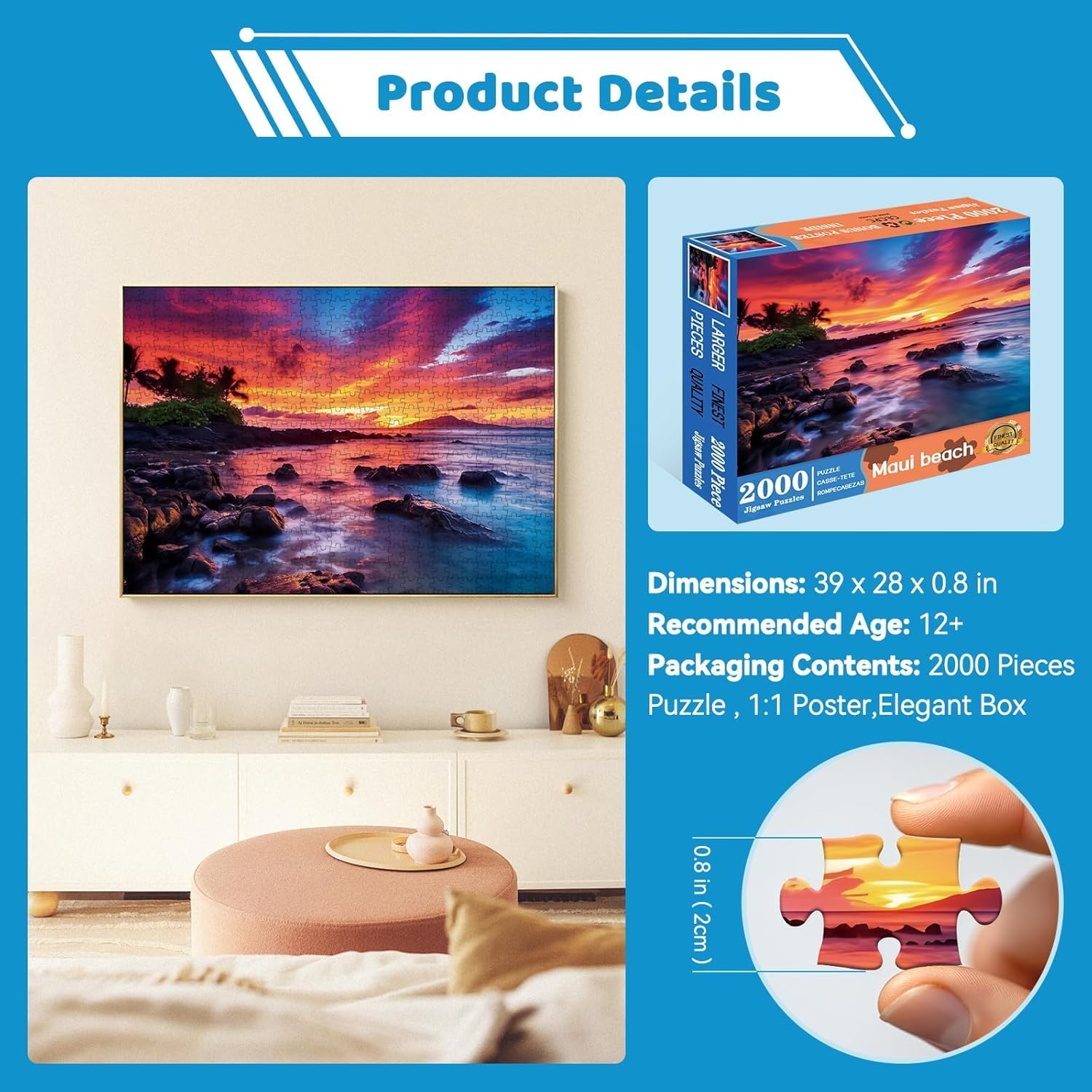 2000 Piece Jigsaw Puzzle for Adults – Maui Island Sunset Over Pacific Ocean, Challenging & Relaxing Puzzle Game, Glossy Recycled Paper, Great for Mindful Play & Gift (39 x 28 in)