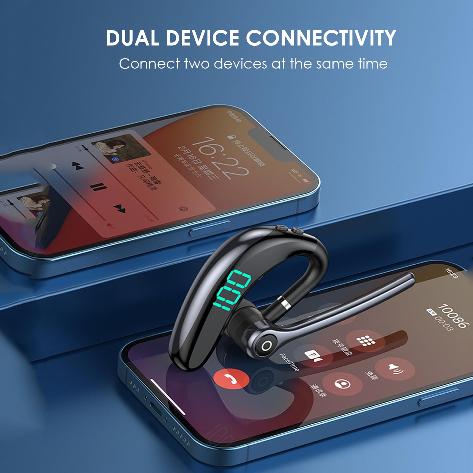 Bluetooth-Headset, Einohr-Bluetooth 5.3-Headset, Kabelloses Headset mit Geräuschunterdrückung, Dual-Mikrofon, LED-Anzeige, für Fahren, Sport