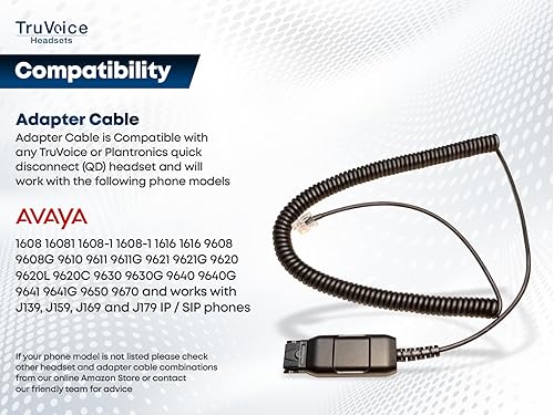 Miniatura 2 de TruVoice Cable adaptador HIS compatible con todos los auriculares Plantronics y TruVoice QD, se conecta a Avaya 1608 1616 9601 9608 9611 9611G 9620