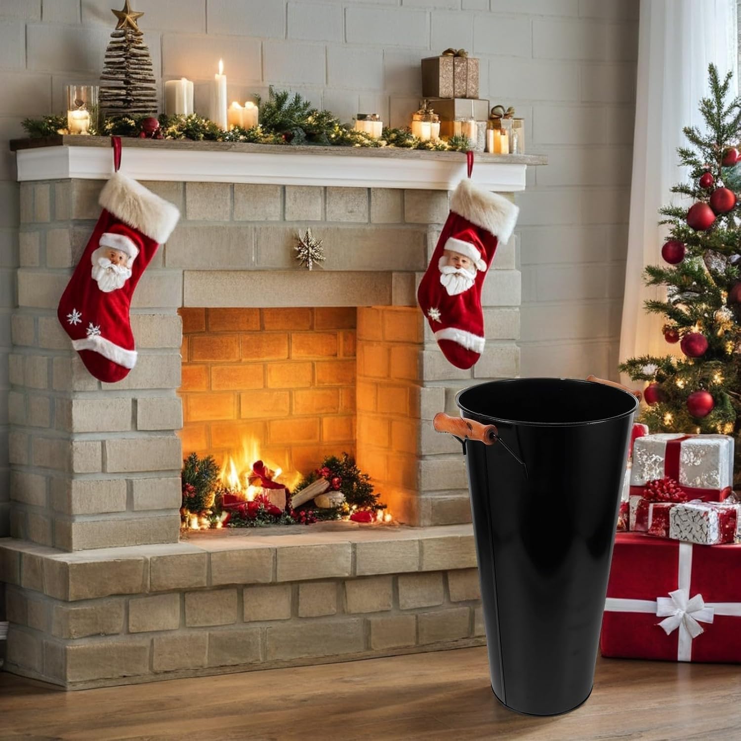 VICASKY Fireplace Firewood Holder Iron Bucket with Handle Black