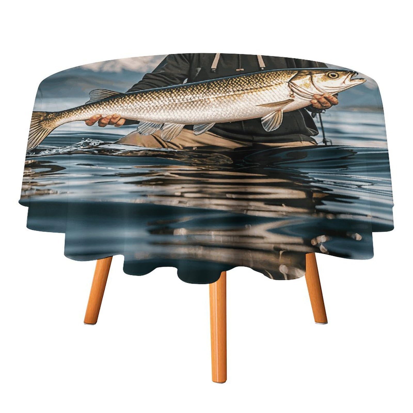 SMAZDFXX Bass Fishing Wave Tablecloth for Restaurant, Round Polyester Table Cover 50x50in for Party