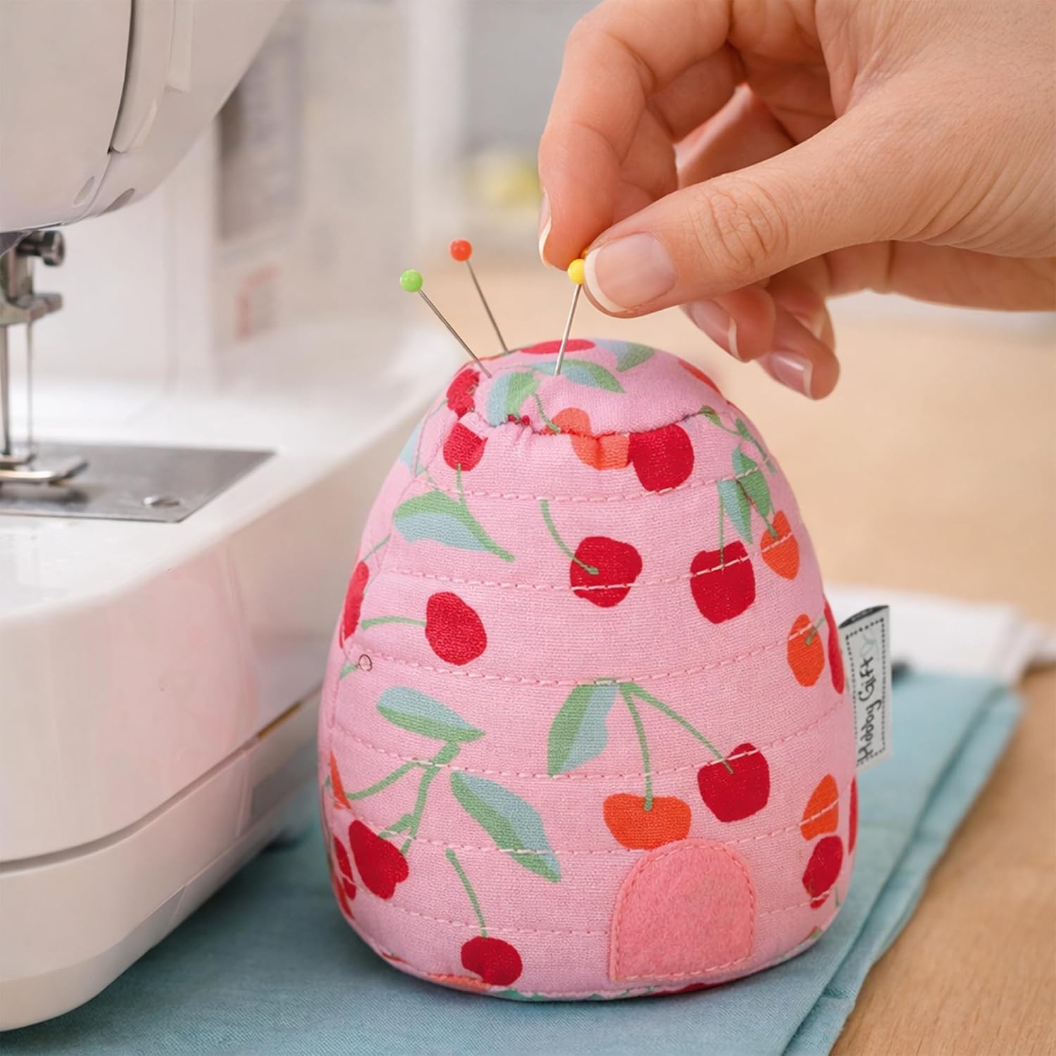 Hobby Gift Beehive Pin Cushion - Original Pin Cushion for Sewing Accessories and Handwork, Pin Holder Made of 100% Cotton - 8.5 x 8.5 x 11 cm, Cherry