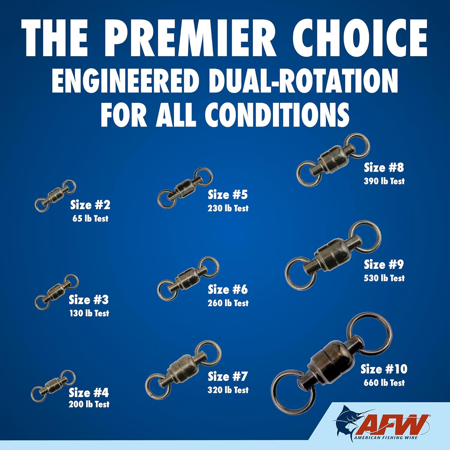 AFW Solid Brass Ball Bearing Fishing Swivels with Double Welded Rings - Patented Bullet Shaped Head for Reduced Water Resistance, Black Finish, Fishing Tackle, Up to 660lb Test