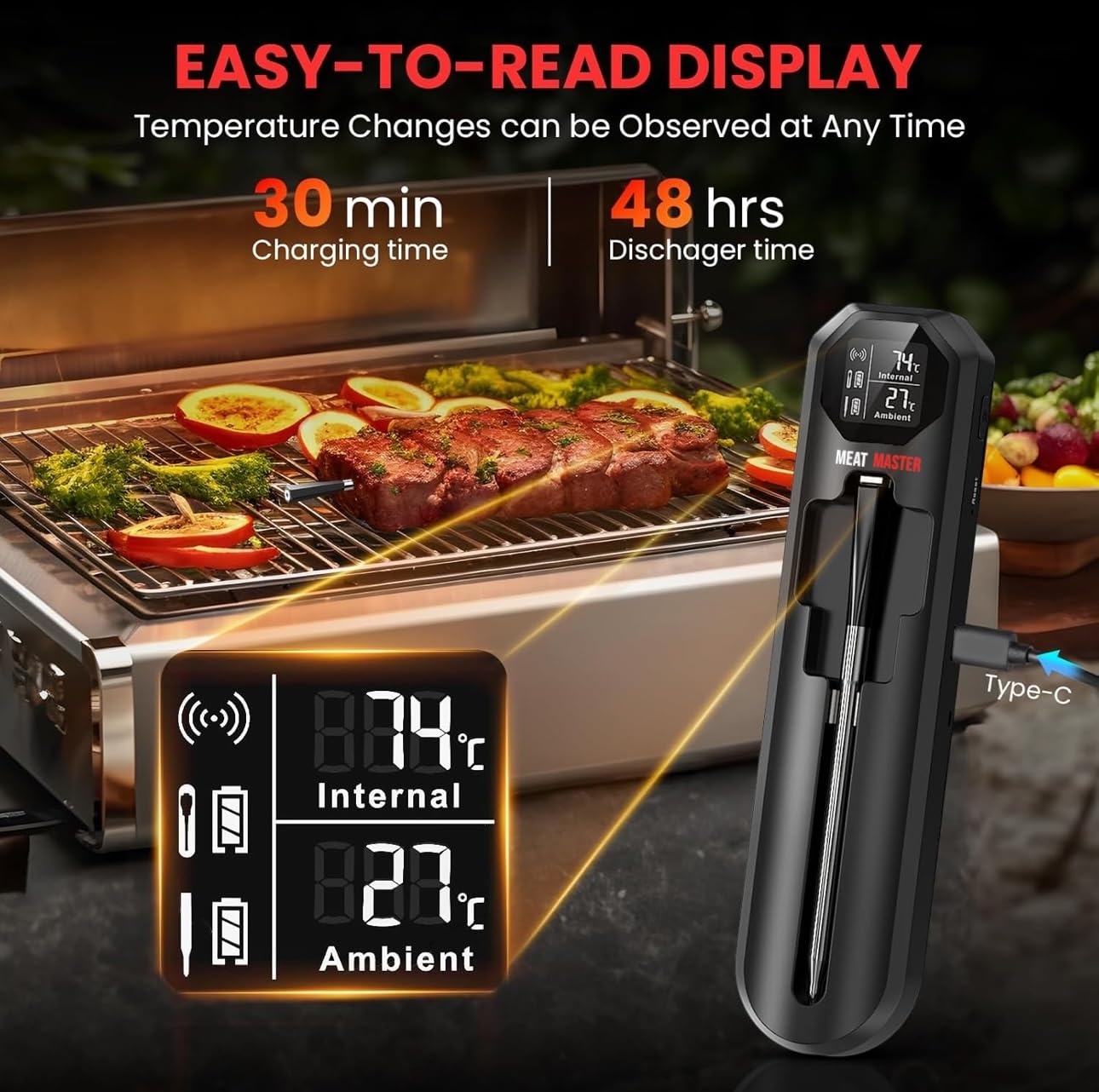 Wireless Bluetooth Meat Thermometer for Grill, Smoker, BBQ, Oven – 820ft Range, Digital Instant Read Cooking Probe for Steak, Turkey – Smart App Control, High Accuracy, Single Probe