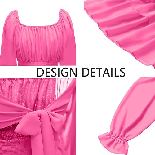 Miniatura 6 de OBBUE Vestido de verano para mujer con lazo en la espalda, cuello cuadrado, línea A, manga larga, en capas, mini vestidos tipo swing