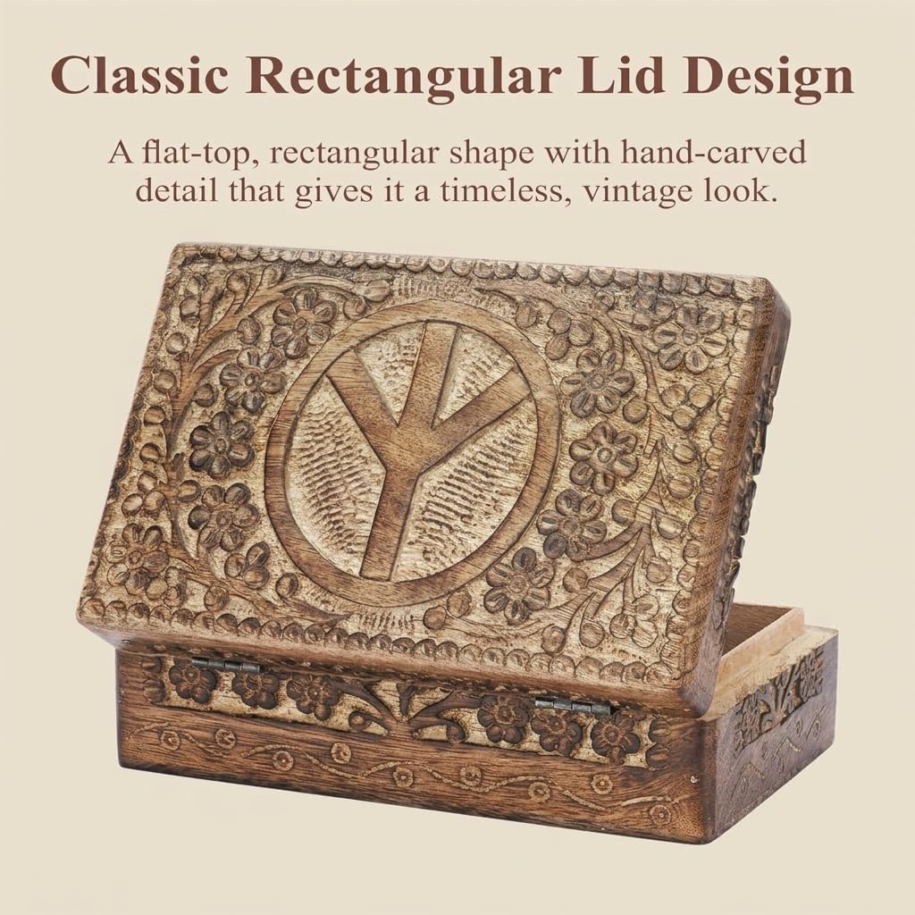 Ajuny Wooden Peace Design Jewelry Box Carved Keepsake Chest 8x5 Inch Holder image 3