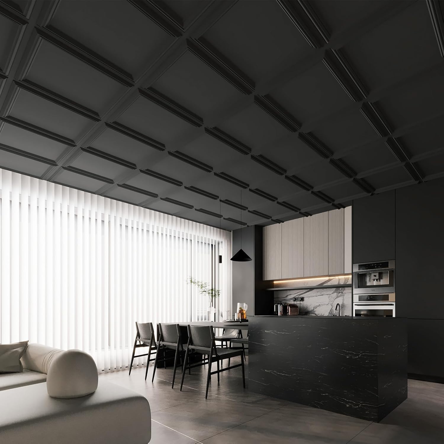 art3d 24-pack drop relief ceiling tiles for home, office & commercial space, 24 x 24in pvc waterproof 3d wall panels cover 96 sq. ft, black square black 24pcs 24x24 in.