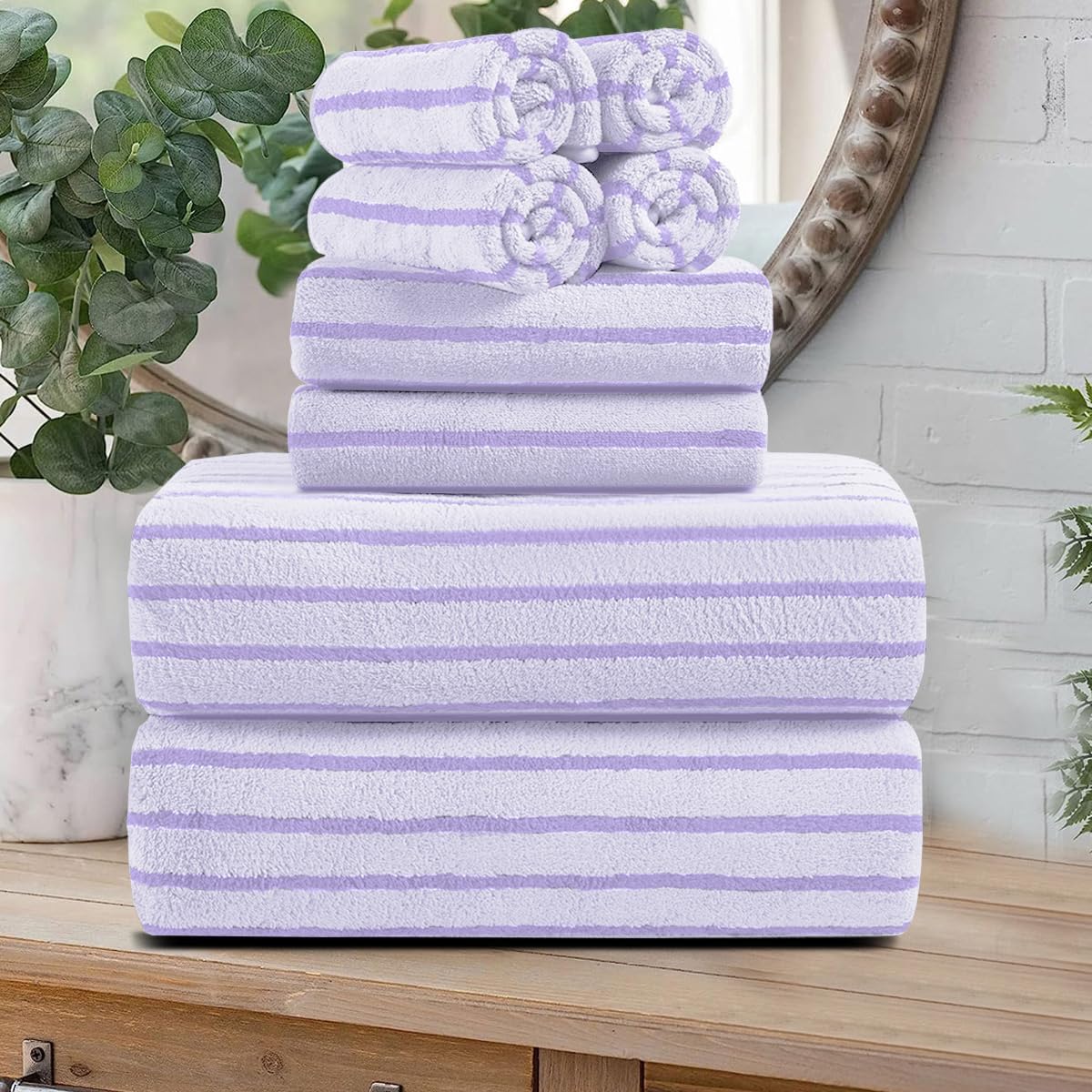8 Pcs Light Purple Cabana Stripe Large Bath Towel Set - 2 Oversized Bath Sheets, 2 Hand Towels, 4 Washcloths - Soft Jumbo Absorbent Shower Beach Chair Spa Gym Hotel Towels