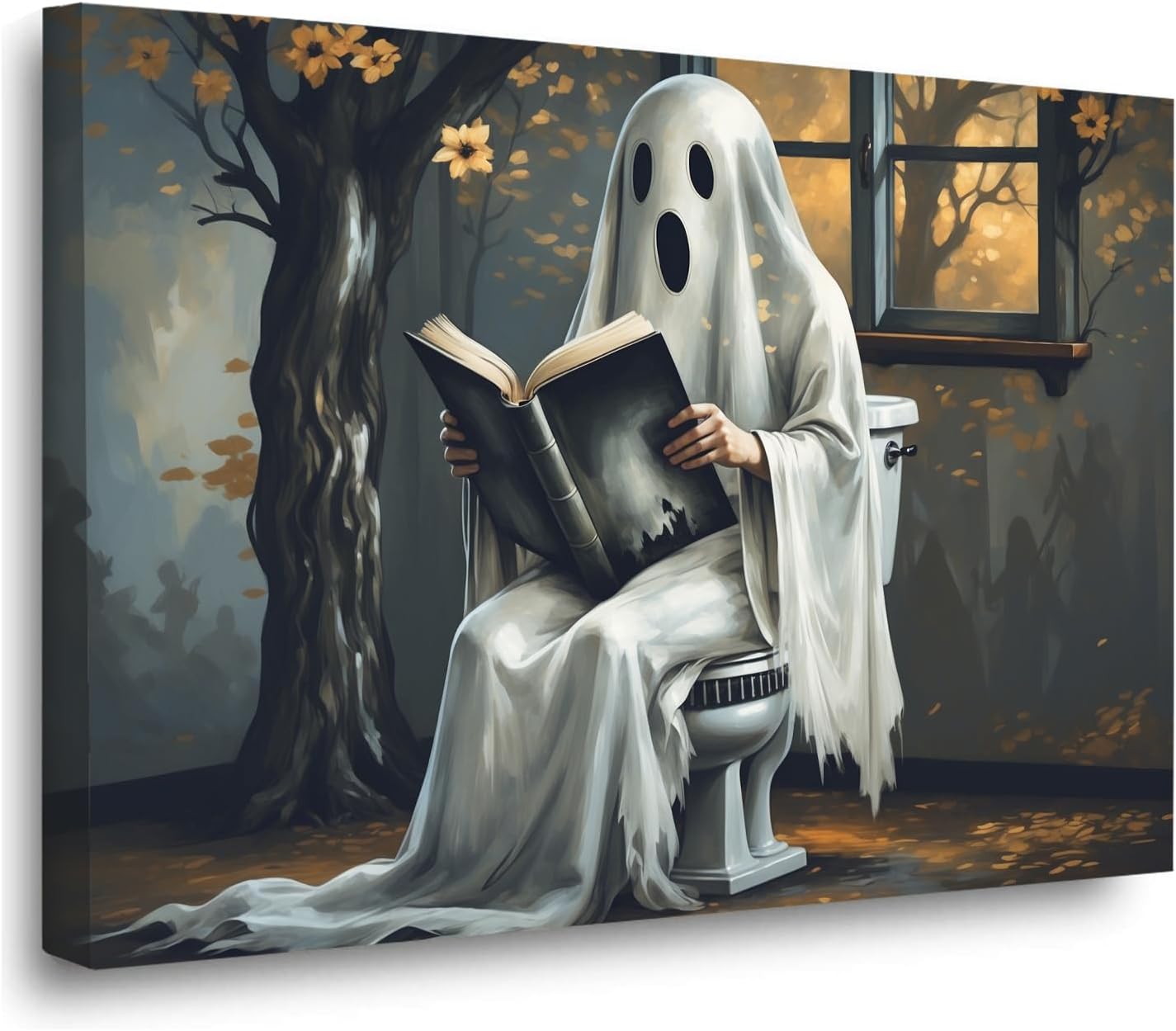 Ghost Black Cat in Antique Bathtub Canvas Art Steampunk Halloween Decor with Roses Cracked Floor Mystical Vines Gothic Wall Art for Haunted House Bedroom Living Room 24x36in Wood Framed a