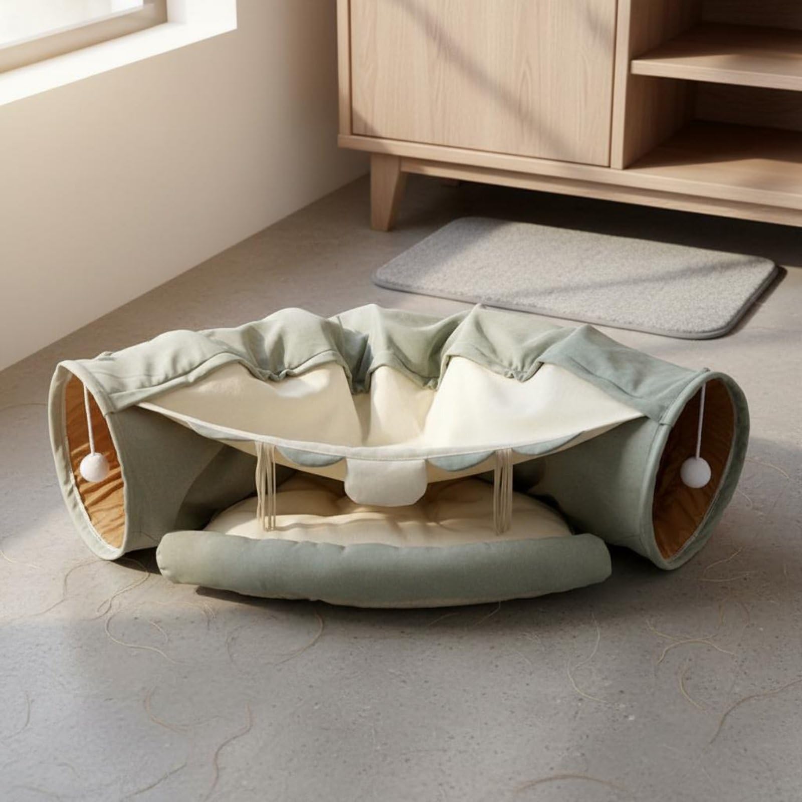 Tunnel pour en 1 Couchage et Jouet avec Dossier Moelleux Passage Superposé Bruissement Stimulant Franges Suspendues Polyester Adapté aux Félins