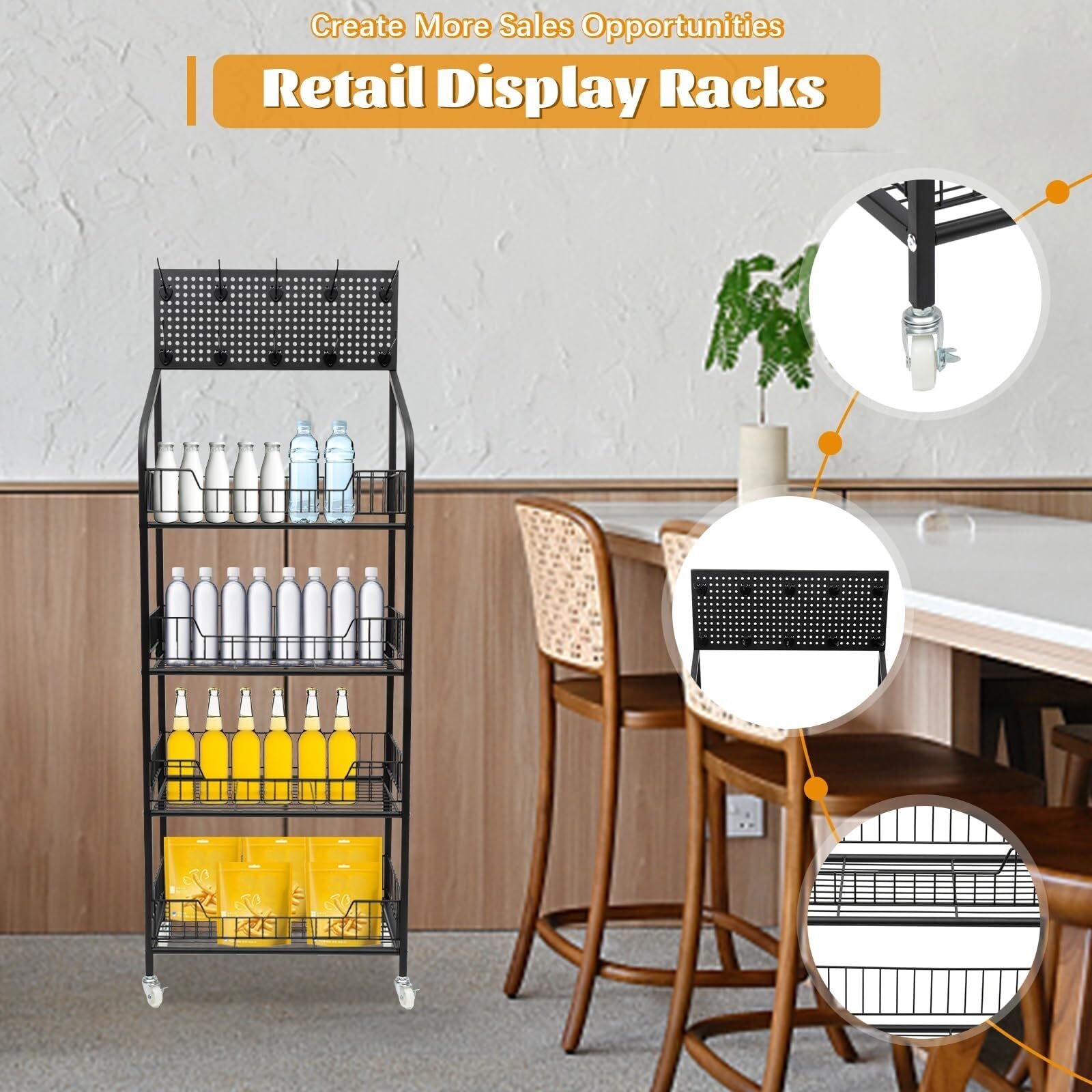 Snack-Regal mit 4 Ablagen, 10,6 Zoll breite Kartoffelchips, ausgestattet mit Rädern und Kopfhalter(Black)