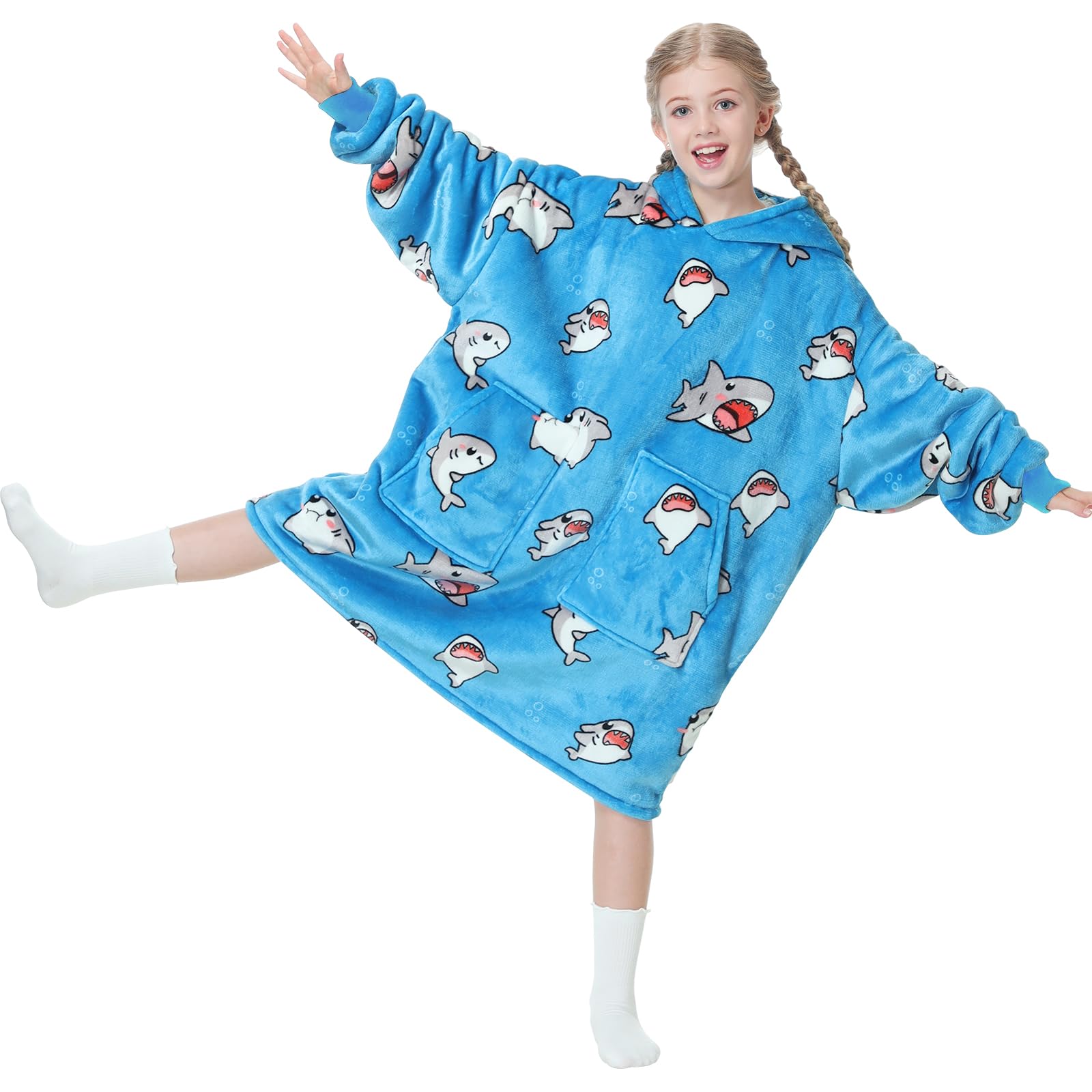 Aemicion Kids Wearable Blanket,Shark Blanket Hoodie Sweatshirt,Warm Cozy Sherpa Hooded Blanket for 6-15 Years Boys Girls-image-26
