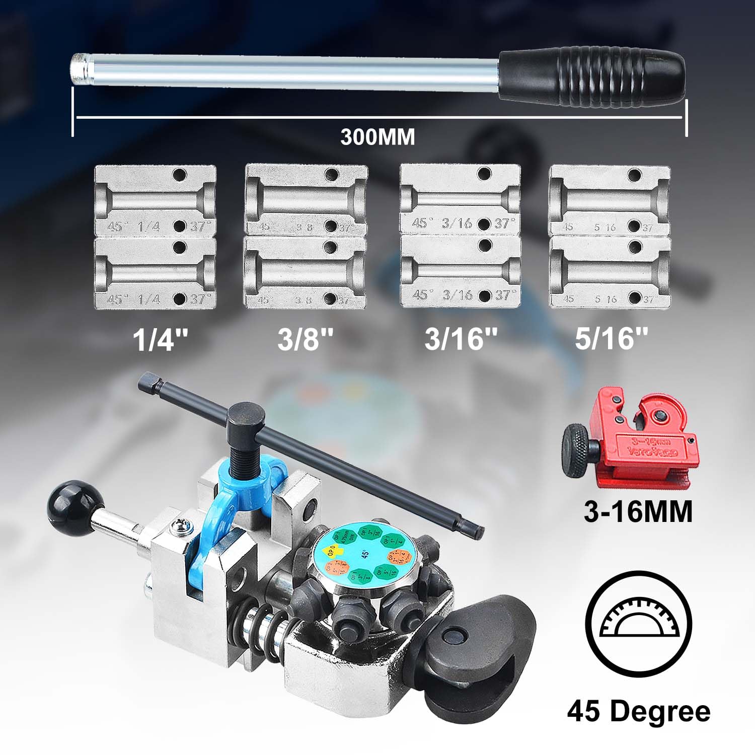 Kit Herramientas de Abocardado para Tubos de Frenos, 45° & 37°, Abocinados Simple, Doble y Burbuja, para 3/16" 1/4" 5/16" 3/8" (4,75/6,35/8/9,5mm) (45°)
