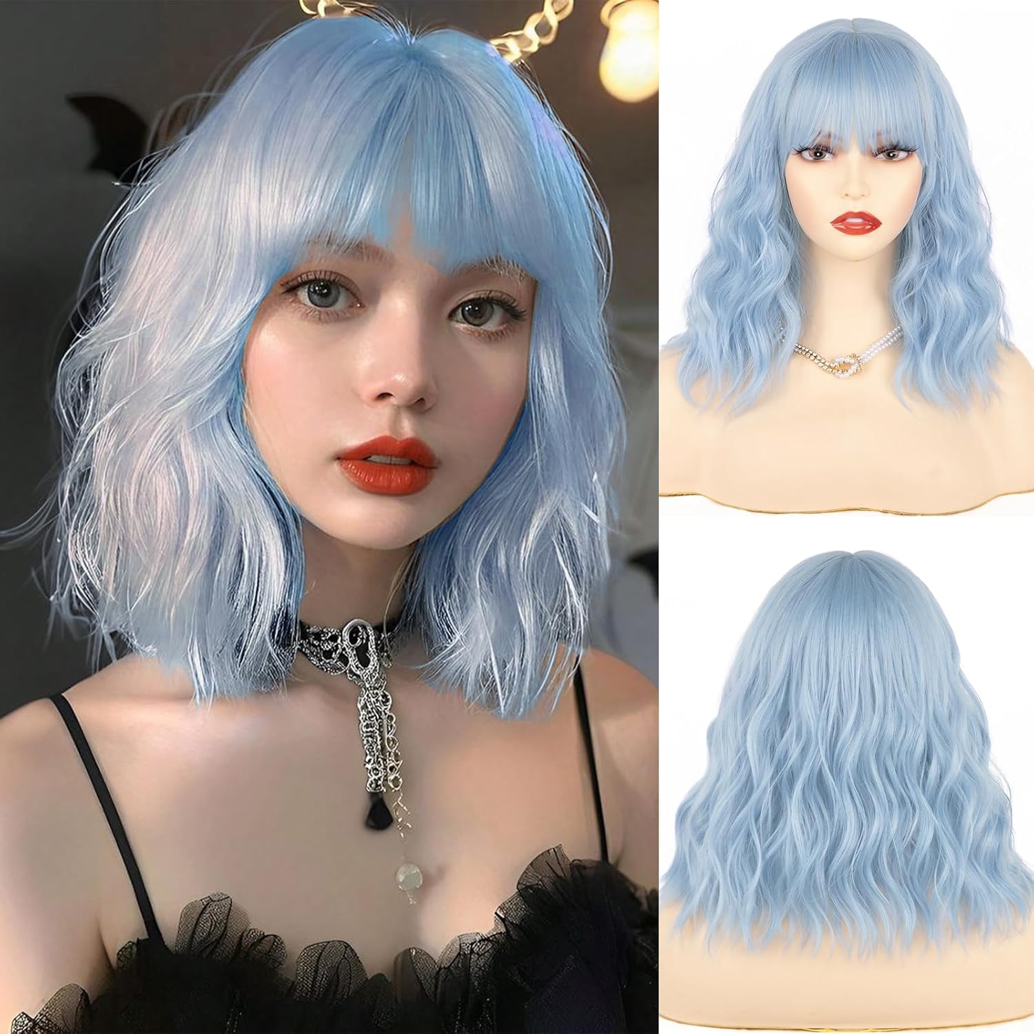NAYOO Light Blue Bob Wig with Bangs, 14 Inch Short Blue Wig for Women, Shoulder Length Light Blue Wavy Bob Wig with Bangs, Glueless Blue Short Bob Wig for Women, Girls' Cosplay Wig Halloween Wig