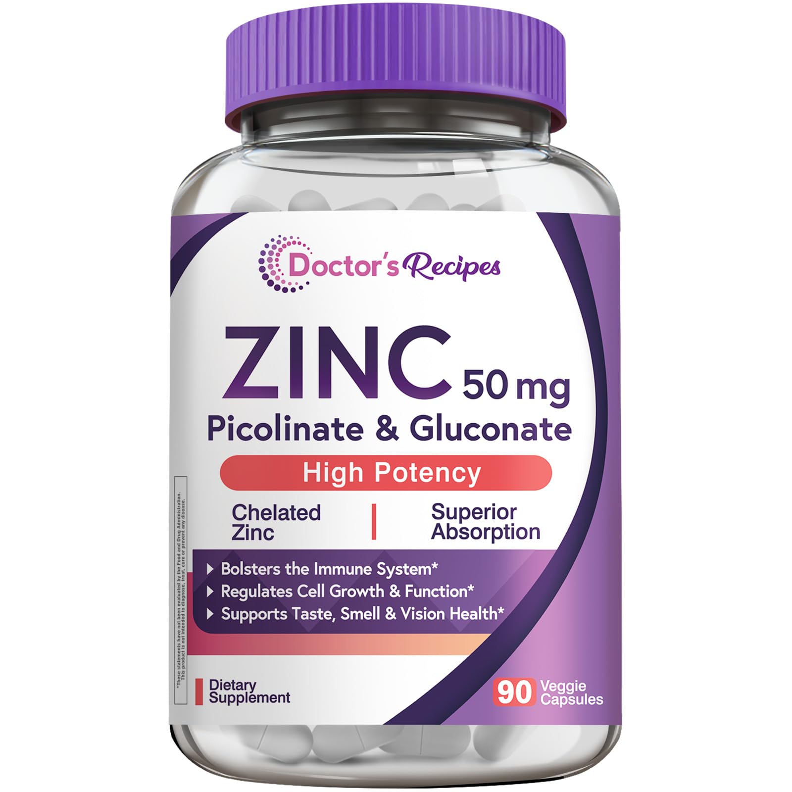 Doctor's Recipes Zinc Capsules 50 mg from Highly Absorbable Zinc Picolinate & Gluconate, Supports Natural Immune Defense, DNA & Protein Formation, Cell Growth, Non-GMO No Dairy 90 Veggie Caps