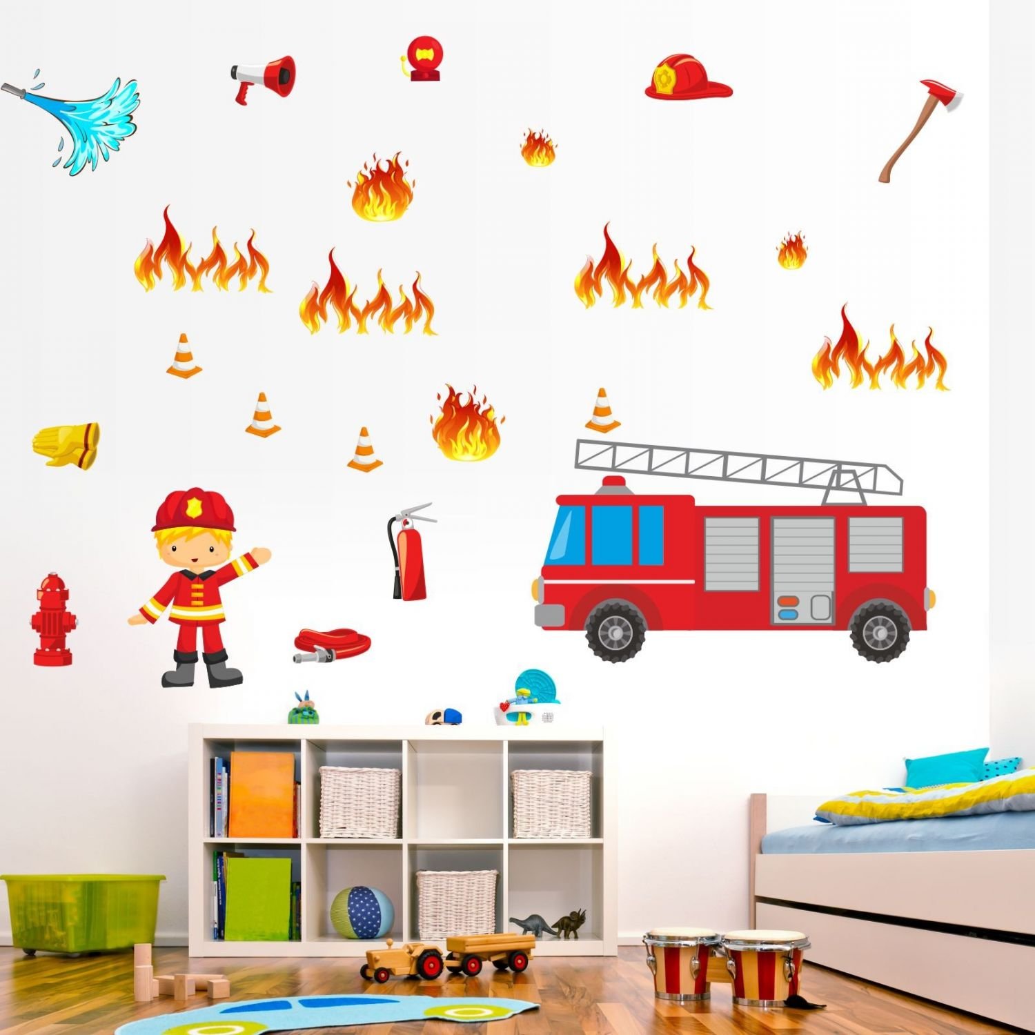 nikima 007 Sticker mural en forme de voiture de pompier, tuyau de feu, en 6 tailles, pour chambre d'enfant, chambre de bébé, sticker mural mignon, décoration murale pour garçon et fille (2000 x 1120