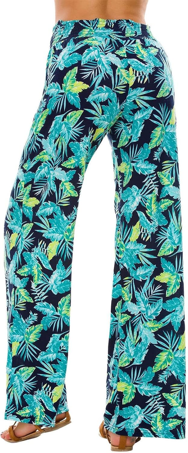 DGHM-JLMY Ladies Wide Leg Casual Floral Print Pants Lounge Stretchy Summer Pants Beach High Waist Loose Pants with Pockets