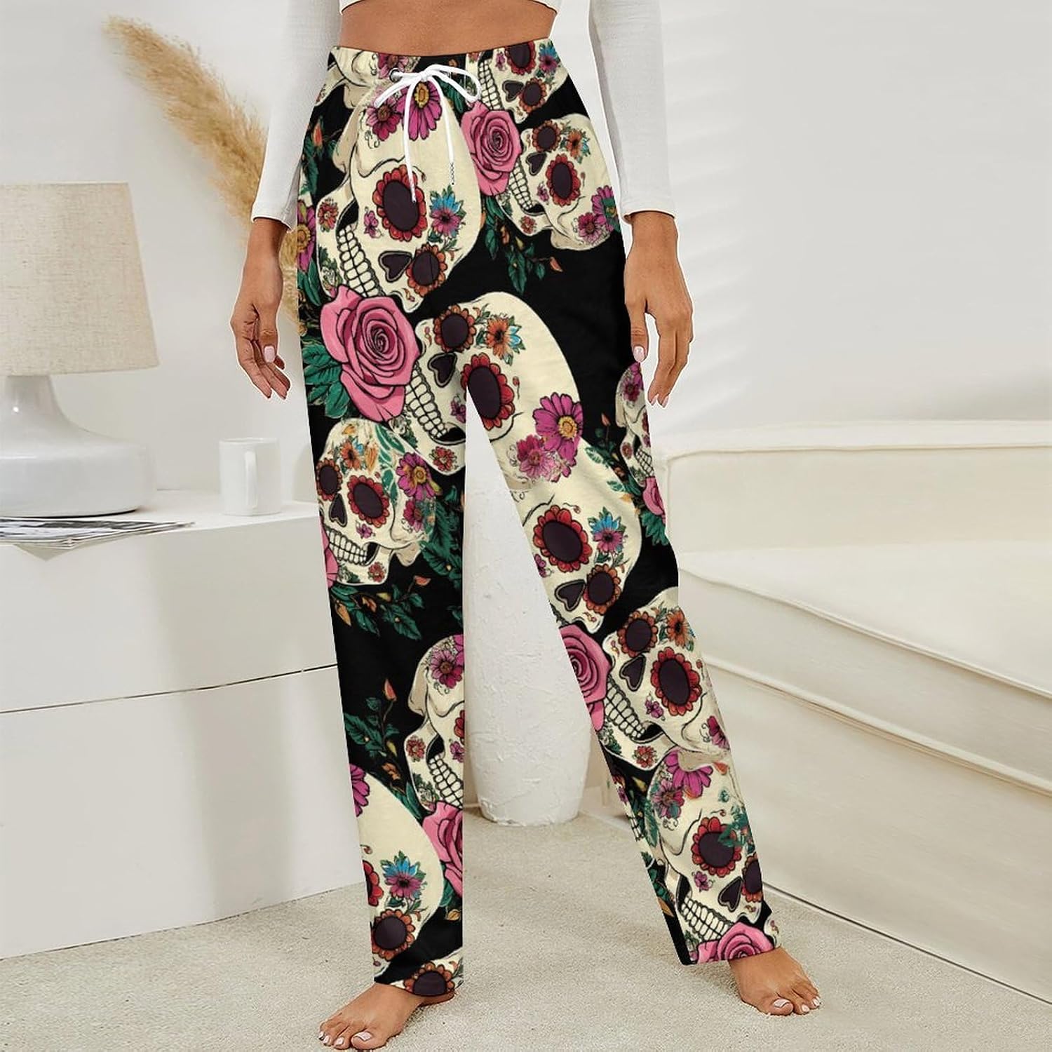 Flower Skull Day of Dead Rose Women's Pajamas Flannel Pajama Pant Lounge Bottoms Sleepwear Nightwear for Home