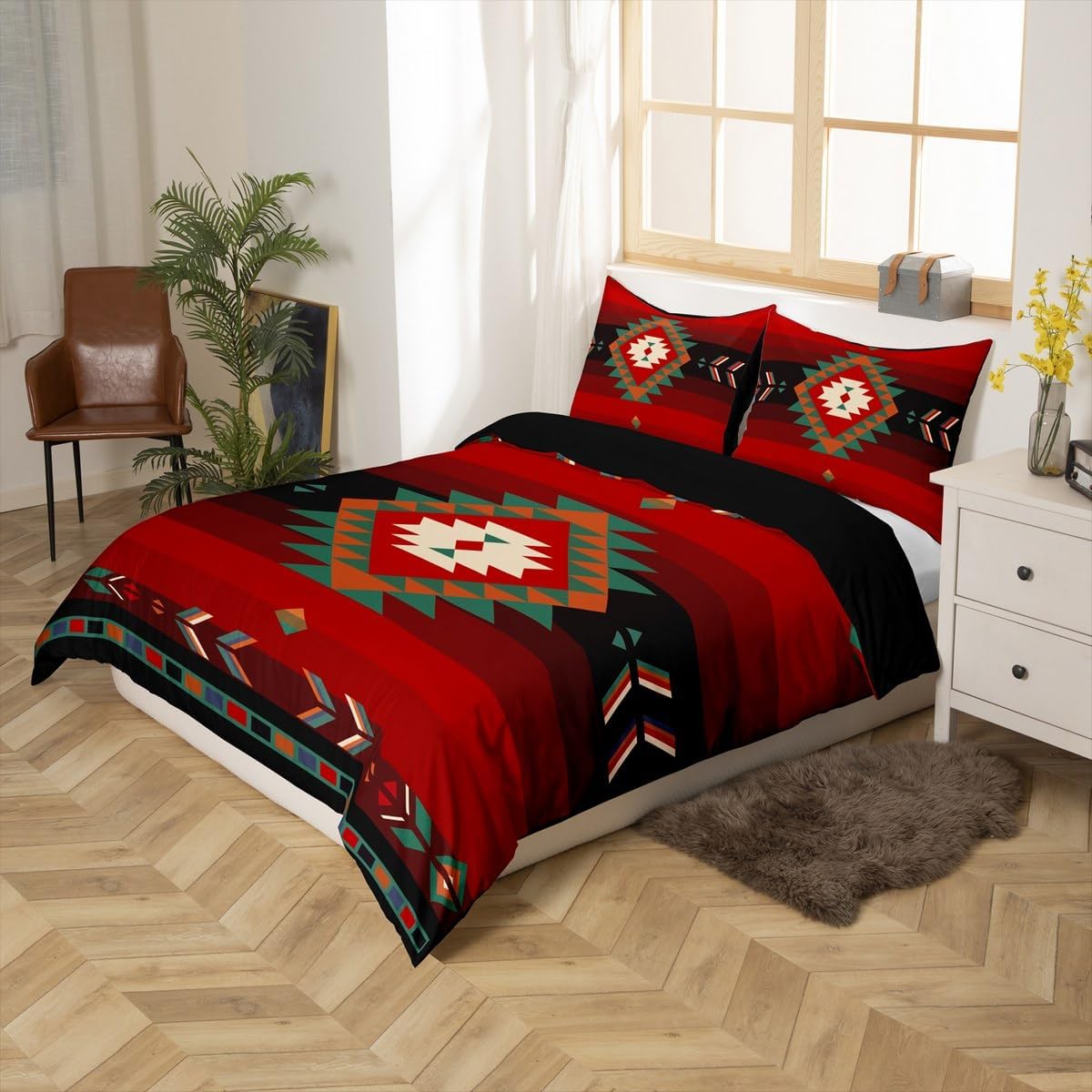Feelyou King Size Southwest Native Design Duvet Cover Southwestern Geometric Bedding Set for Kids Ultra Soft Tribal Comforter Cover Set Red Green Bedspread Cover Room Decor Bedclothes Zipper