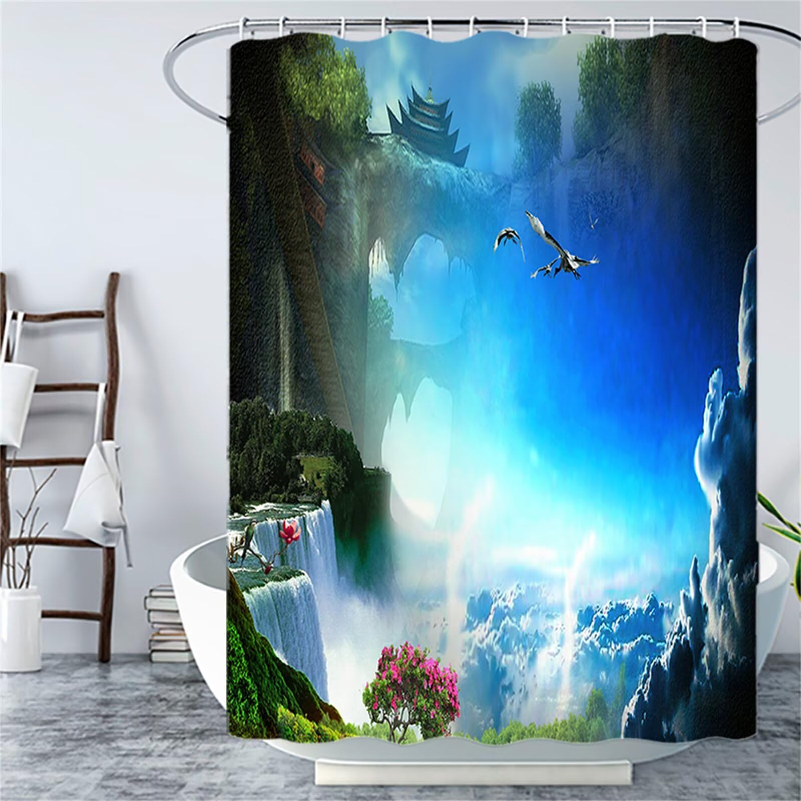Rideau de douche bleu paysage 90x200 cm lavable et imperméable YL-625
