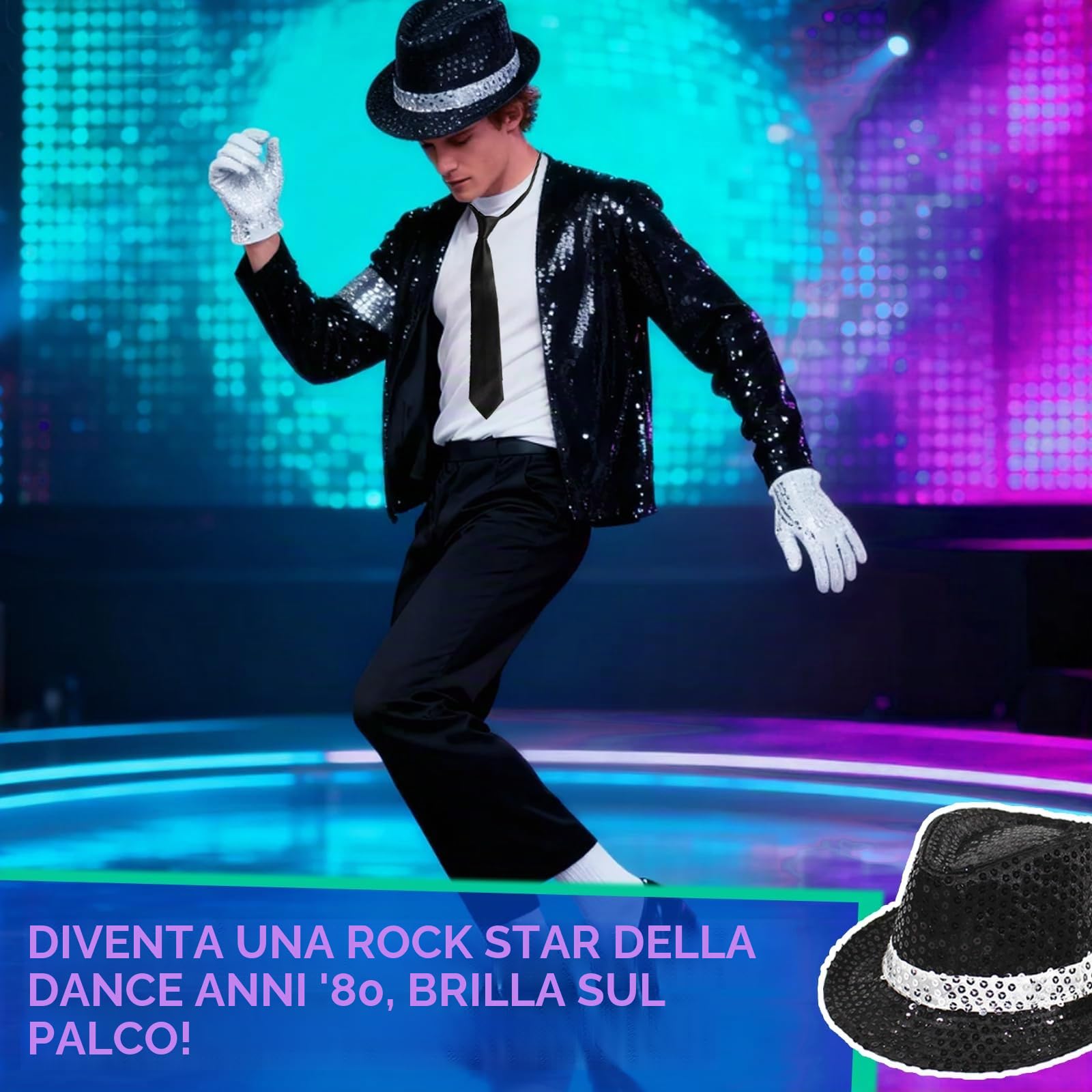 Costume da re del pop anni '80, per adulti, per cosplay, costume con cappello jazz con paillettes, giacca, top, pantaloni, guanti, calzini, cravatta, per Halloween, carnevale, feste a tema anni '80