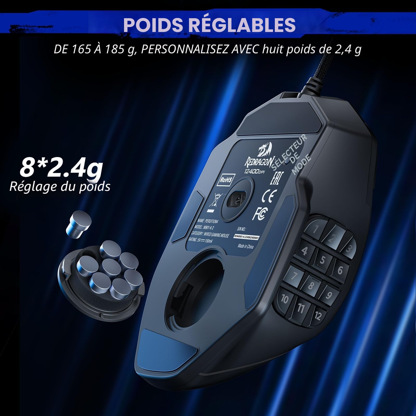 Redragon Souris de jeu MMO 16 000 DPI, 16 boutons macro programmables, RVB 12 boutons latéraux, 8 x 2,4 g réglage poids PC, ordinateur portable, MOBA FPS, M901K