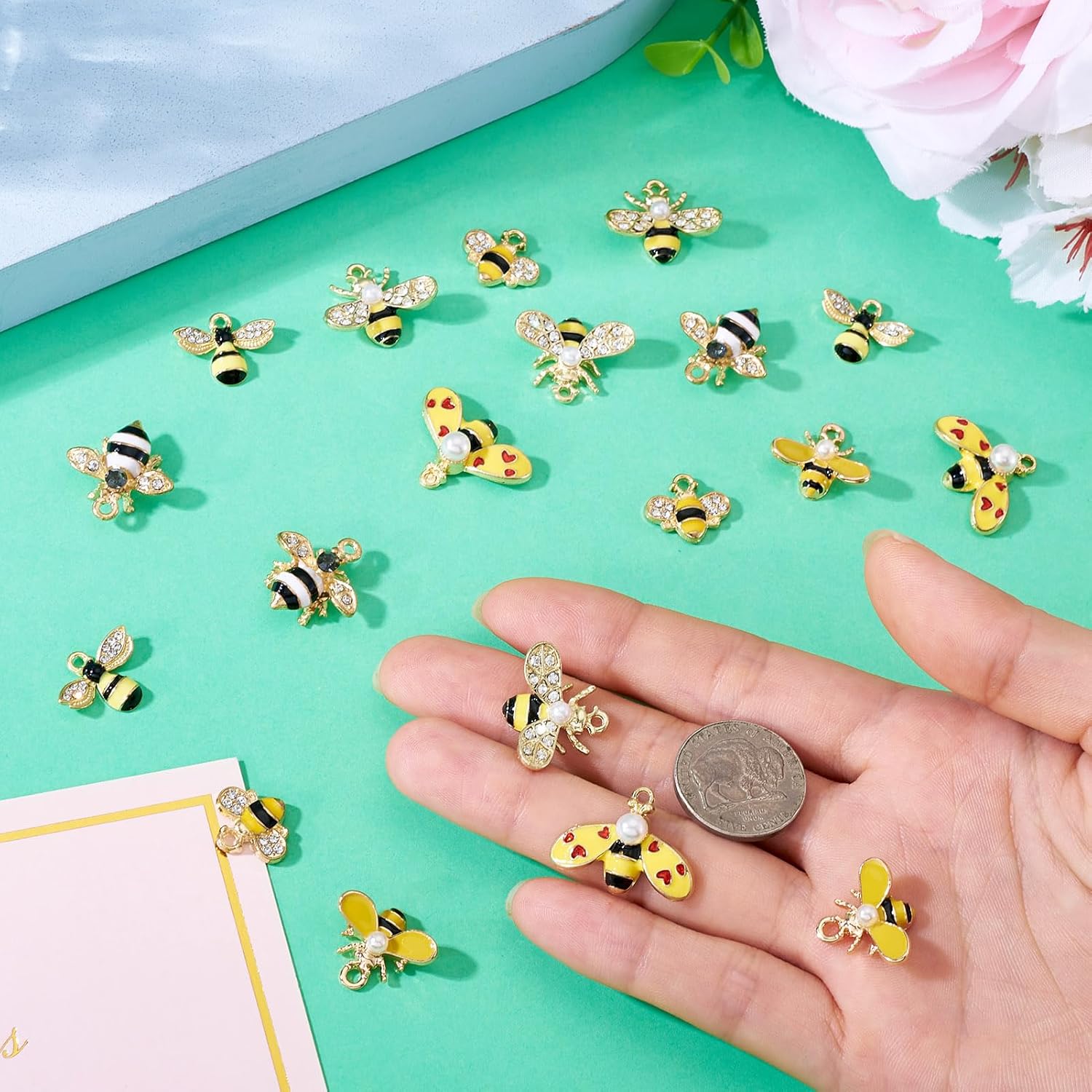 Pandahall 24Pcs Alloy Enamel Bee Rhinestone Charms Cute 3D Flatback Honeybee Charm Crystal Yellow Bees Pendant Dangle Charms for DIY Craft Wedding Decoration Necklace Bracelet Jewelry Making - Image 6