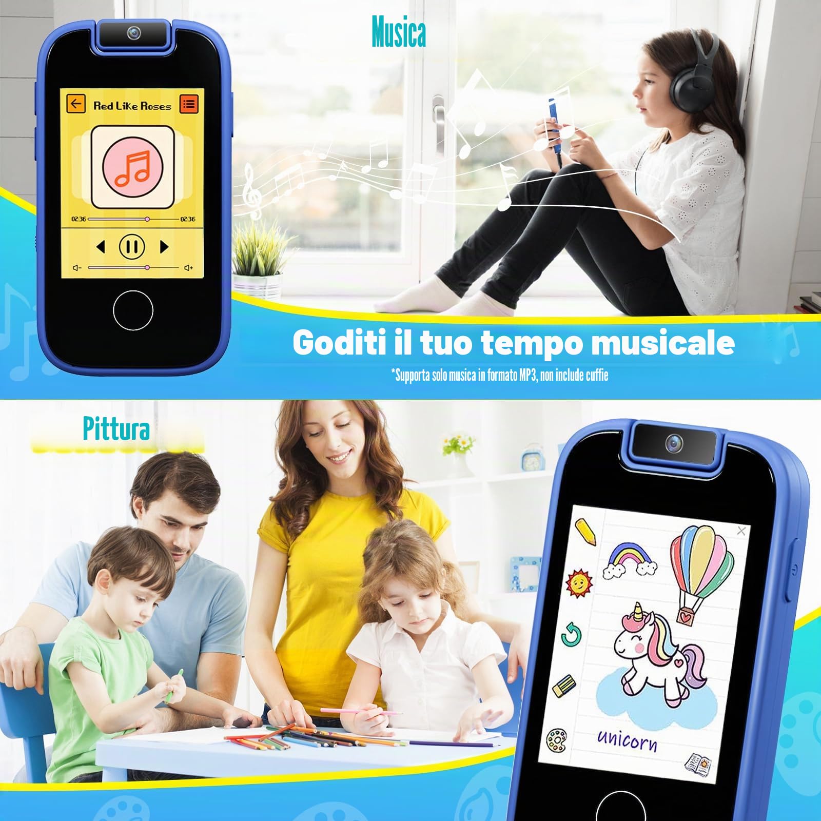 PTHTECHUS Telefono per Bambini, Fotocamera per ragazze, ragazzi Touch screen MP3 con fotocamera a flip, habit tracker, giochi, apprendimento educativo, regalo di compleanno per 3-12 (Blu)