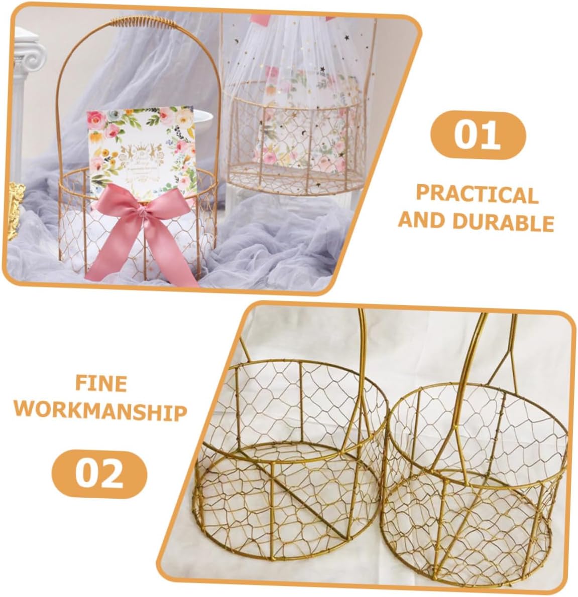 Sosoport Iron Flower Girl Basket with Handle round Wire Metal Storage Basket for Wedding Ceremony and 18cm Diameter for Bridesmaids and Party Supplies image 3