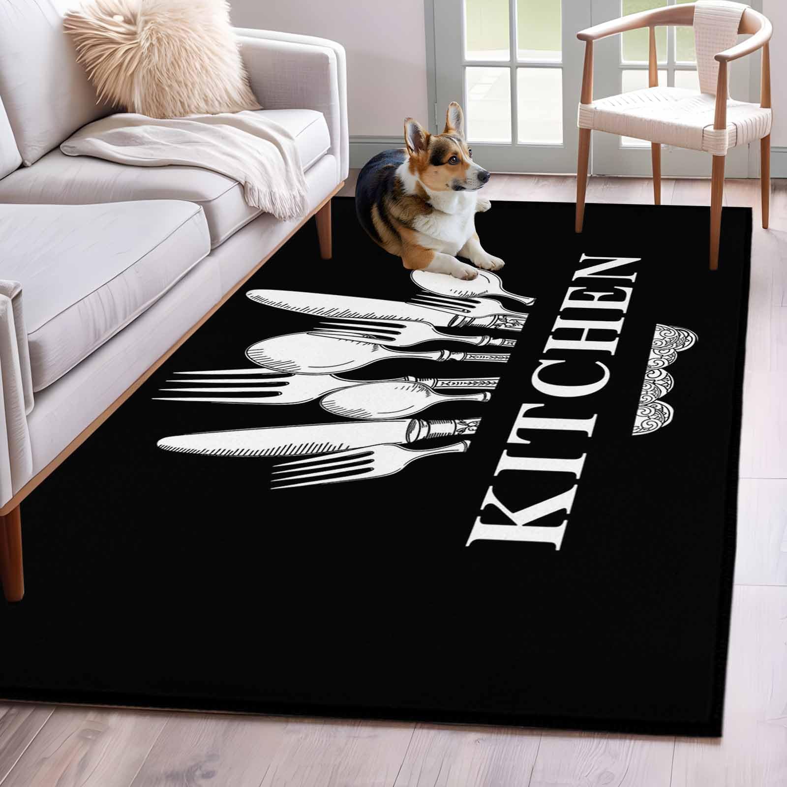 Kitchen Dinnerware Washable Area Rugs 3'x5', Knife and Fork Tableware Black Low Pile Throw Living Room Rug Non-Slip Sturdy Edge Binding Carpet for Indoor Entryway Bedside Kitchen
