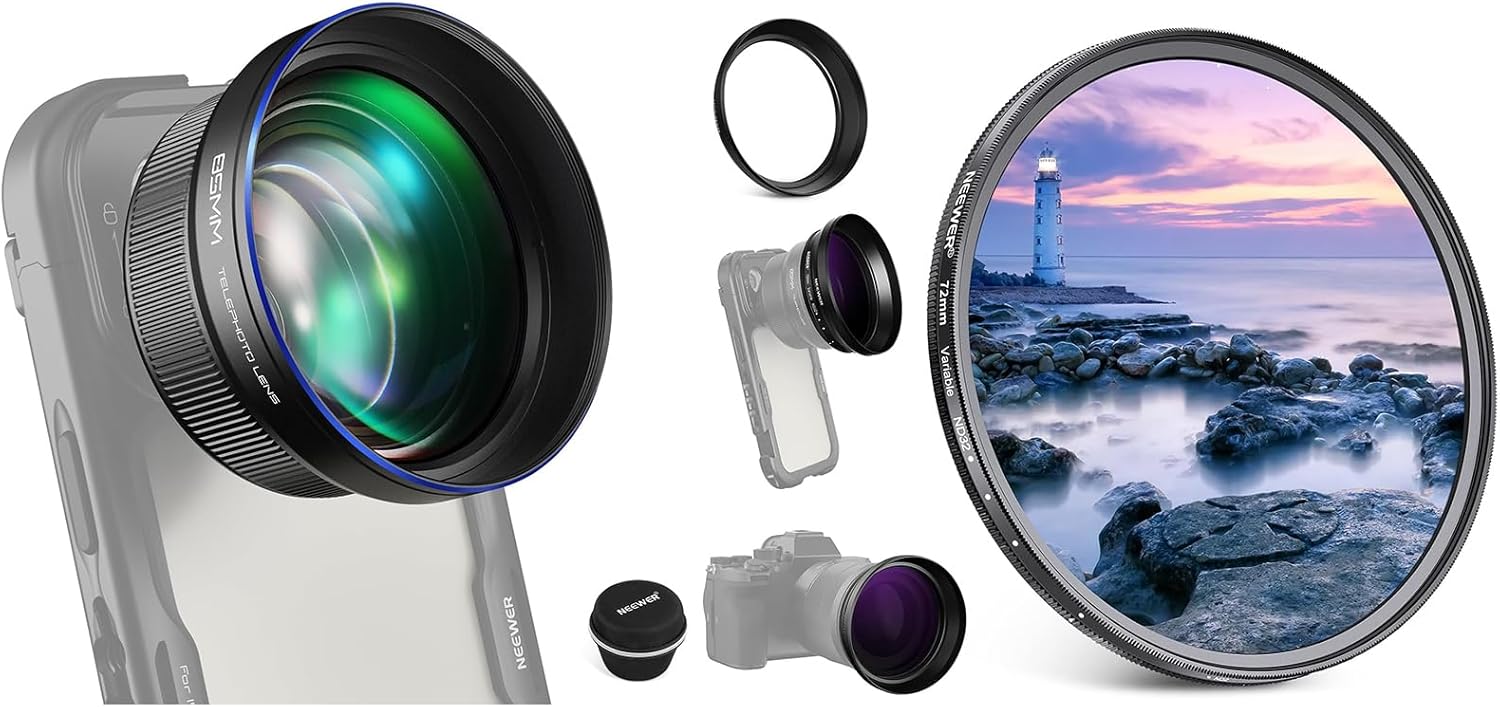 NEEWER HD 85MM Telephoto Phone Camera Lens 2.5X Magnification Only for 17mm Thread Backplate Phone Cage Case Compatible with iPhone Samsung & 72mm Variable ND Filter ND2-32 with 77mm Lens Hood Shade