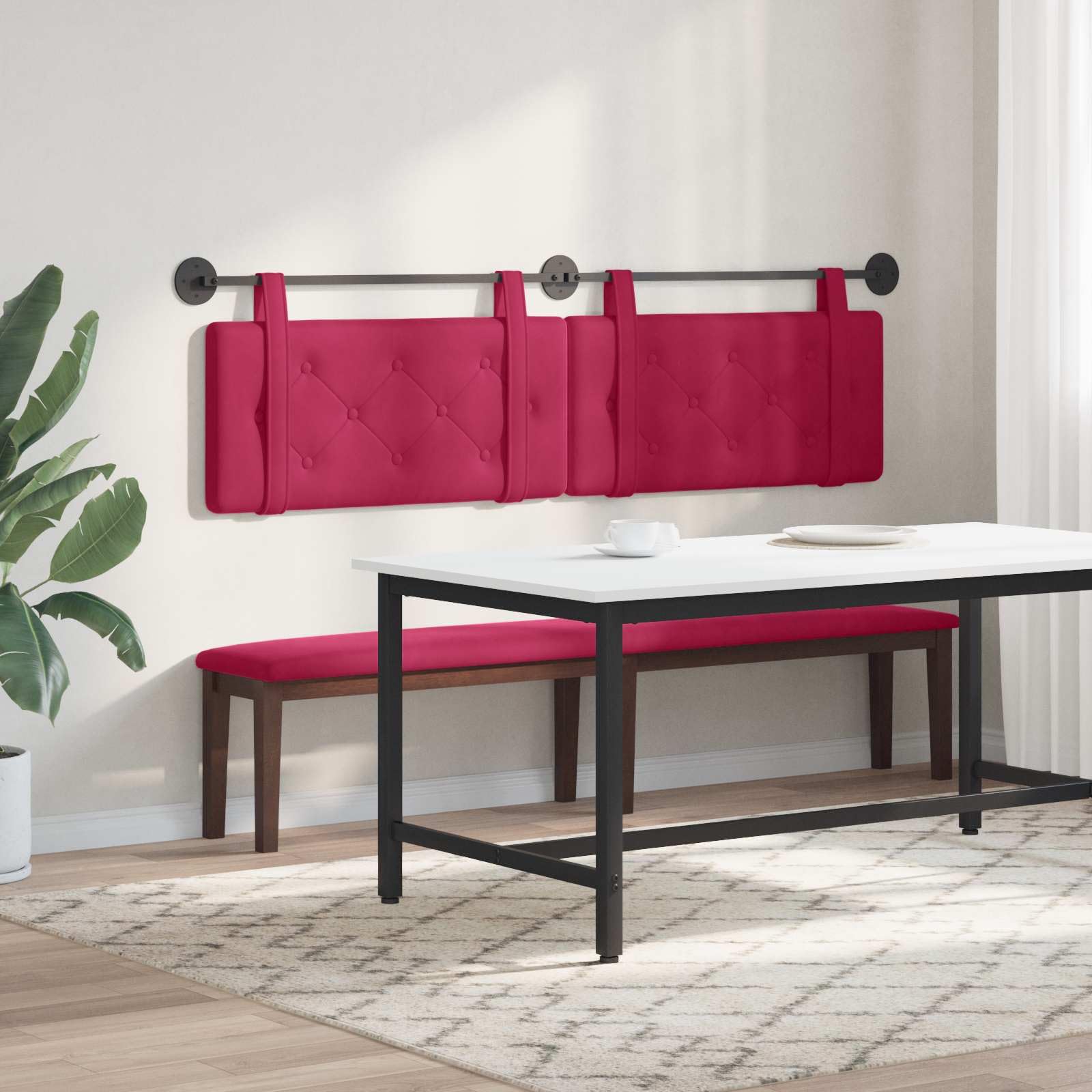 Wiszący zagłówek w kolorze czerwonego wina, aksamit, tapicerowany, z ramą z materiału drewnopochodnego, 170 x 55 x 5 cm, montaż na ścianie, do sypialni, podwójne łóżko, łóżko kontynentalne