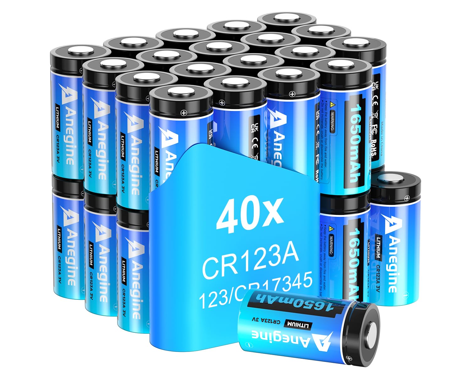 anegine CR123A 3V Lithium Battery 1650mAh, 123A Lithium Batteries 10 Years Shelf Life CR123 3 Volt High Power CR17345 CR17335 Non-Rechargeable | Ultra-Compatible (40 Pack)