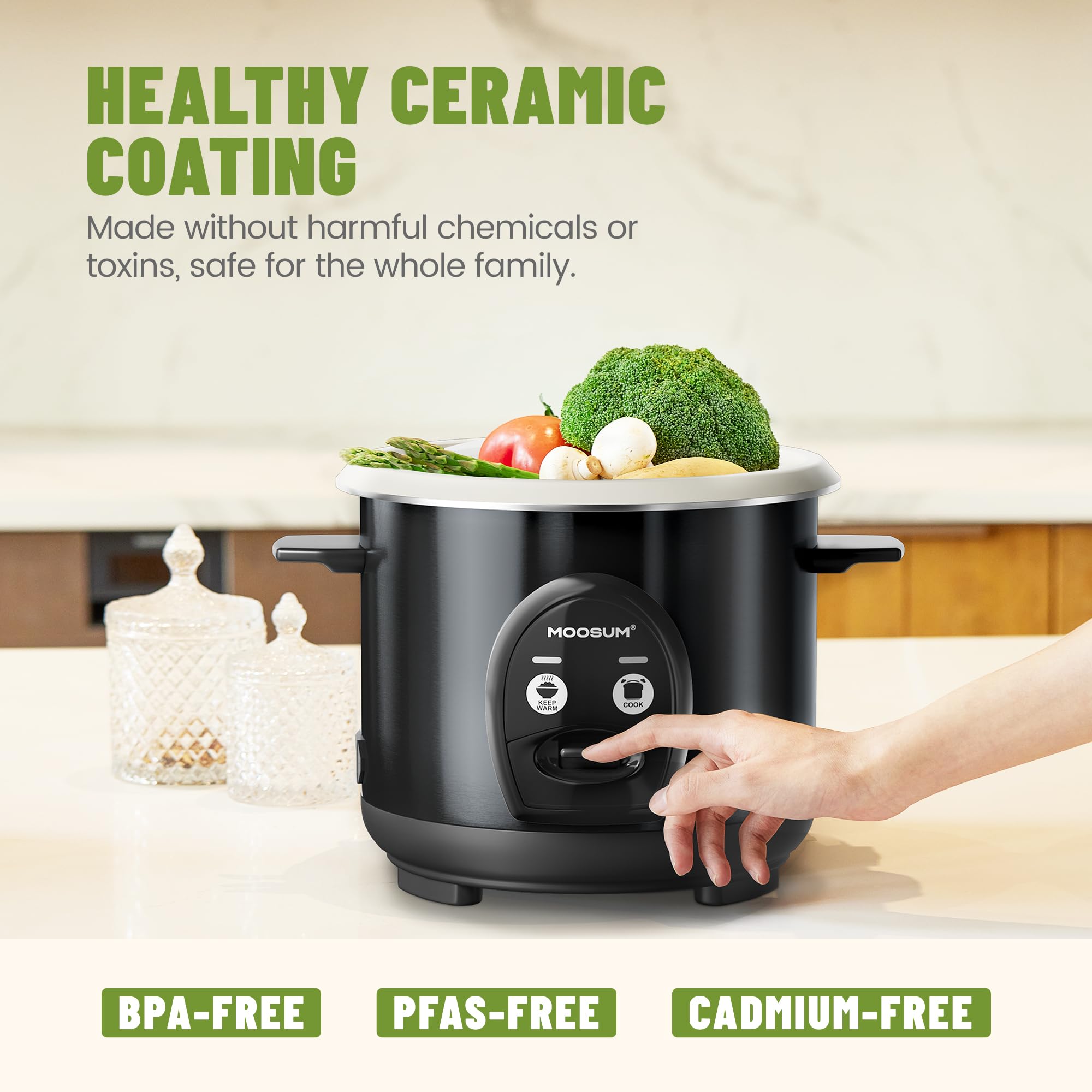 MOOSUM Electric Rice Cooker with One Touch for Asian Japanese Sushi Rice, 3-cup Uncooked/6-cup Cooked, Fast&Convenient Cooker with Ceramic Nonstick Coating inner pot, Auto Warmer, Black