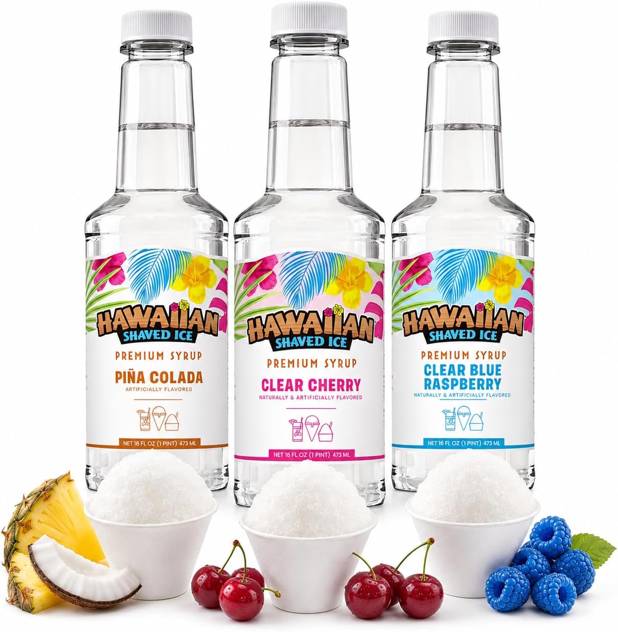 Syrup Assortment, 3 - 16oz Bottles of The Most Popular Flavors: Clear Cherry, Pina Colada, Clear Blue Raspberry. For Shaved Ice, Snow Cones, Sodas, Ice Pops, and Slushies. Allergy-Friendly. Dye-Free. No Artificial Colors