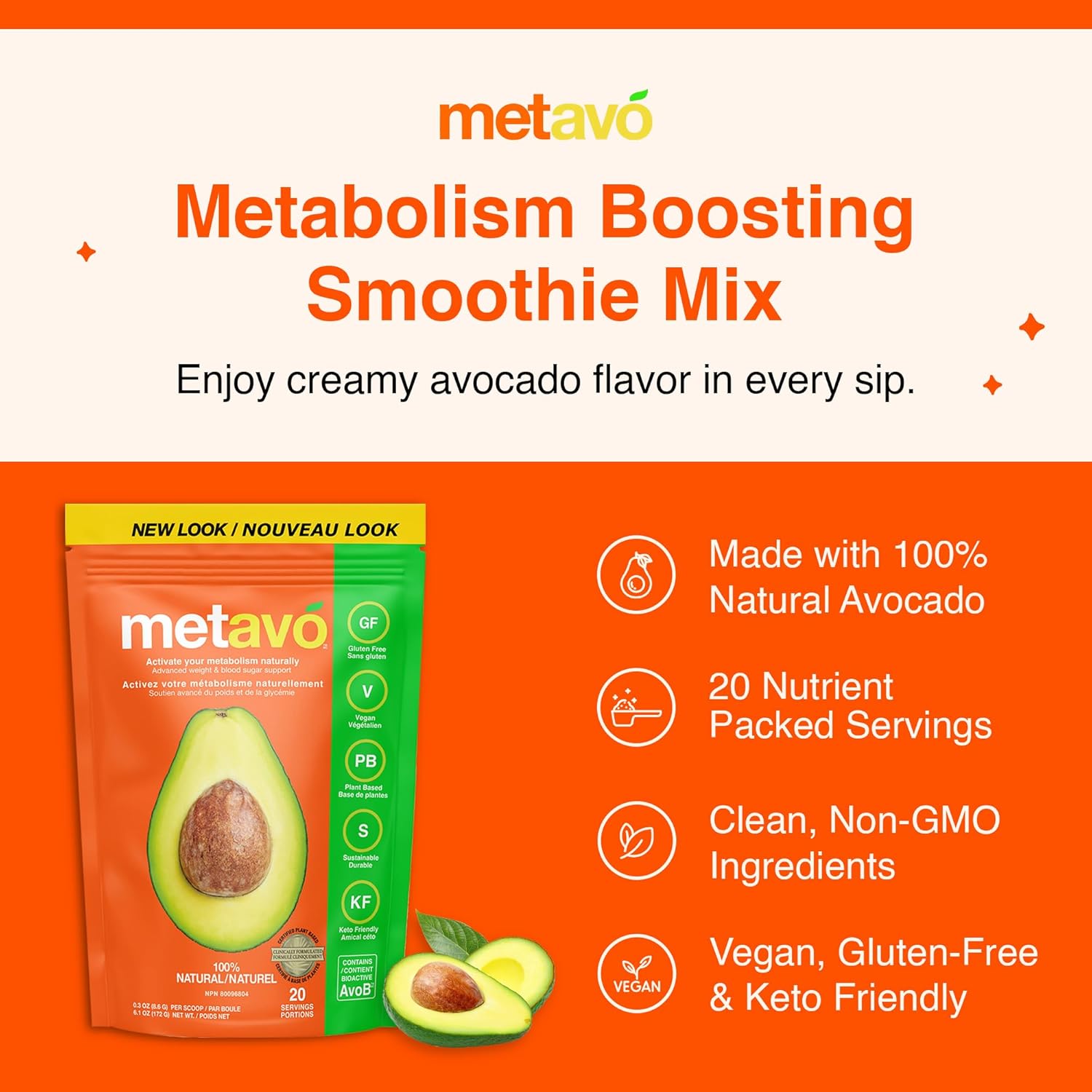 Metavo Smoothie Mix – Energy Support Supplement with AvoB, Vitamin C & Chromium, Ideal for Smoothie Blender Recipes, Sugar-Free Nutrition Powder, Healthy Beverages for Adults, 20 Servings-1 Count