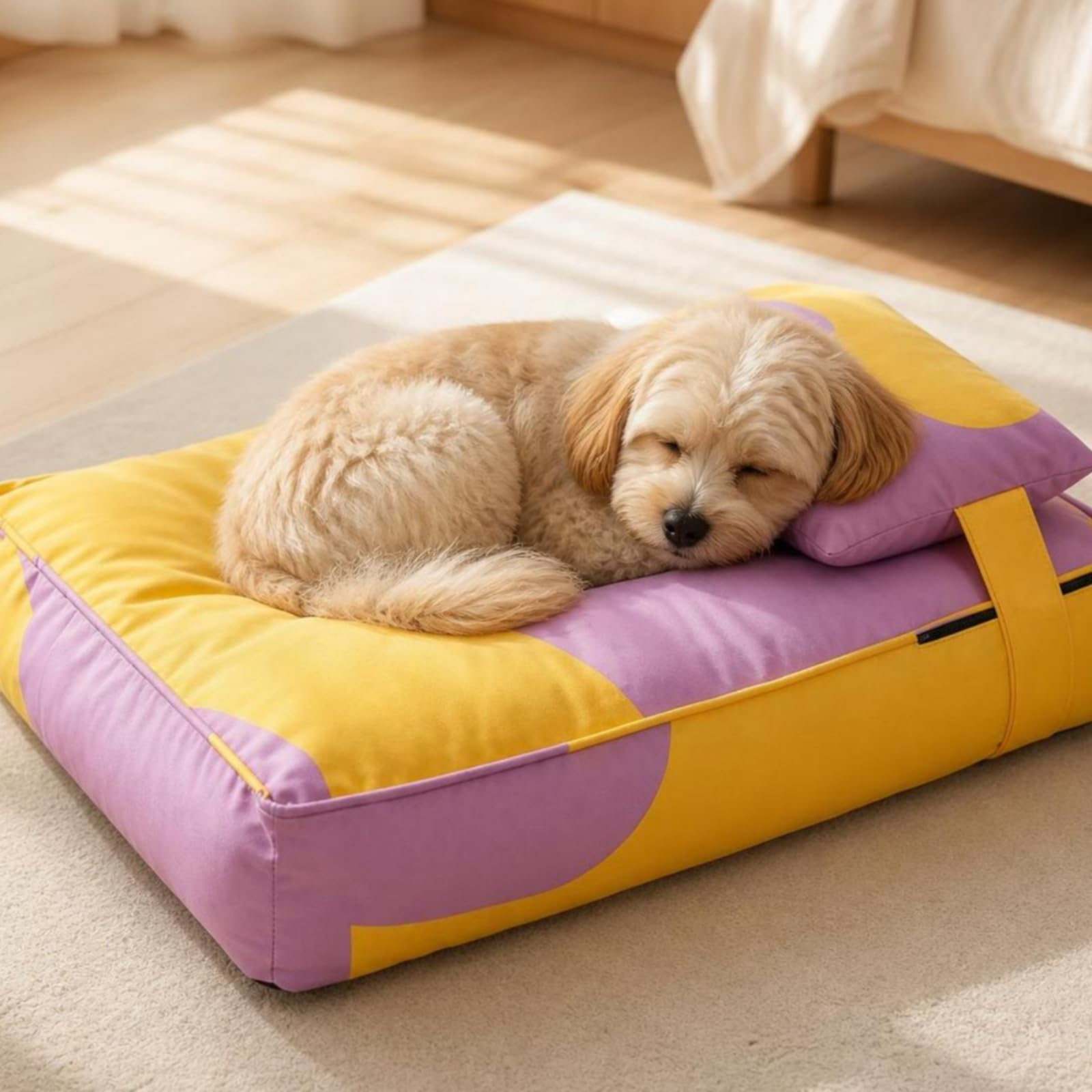 Cama para Perros senfundable , Grande, 65 × 45 × 15 Cm , Morado Y Amarillo