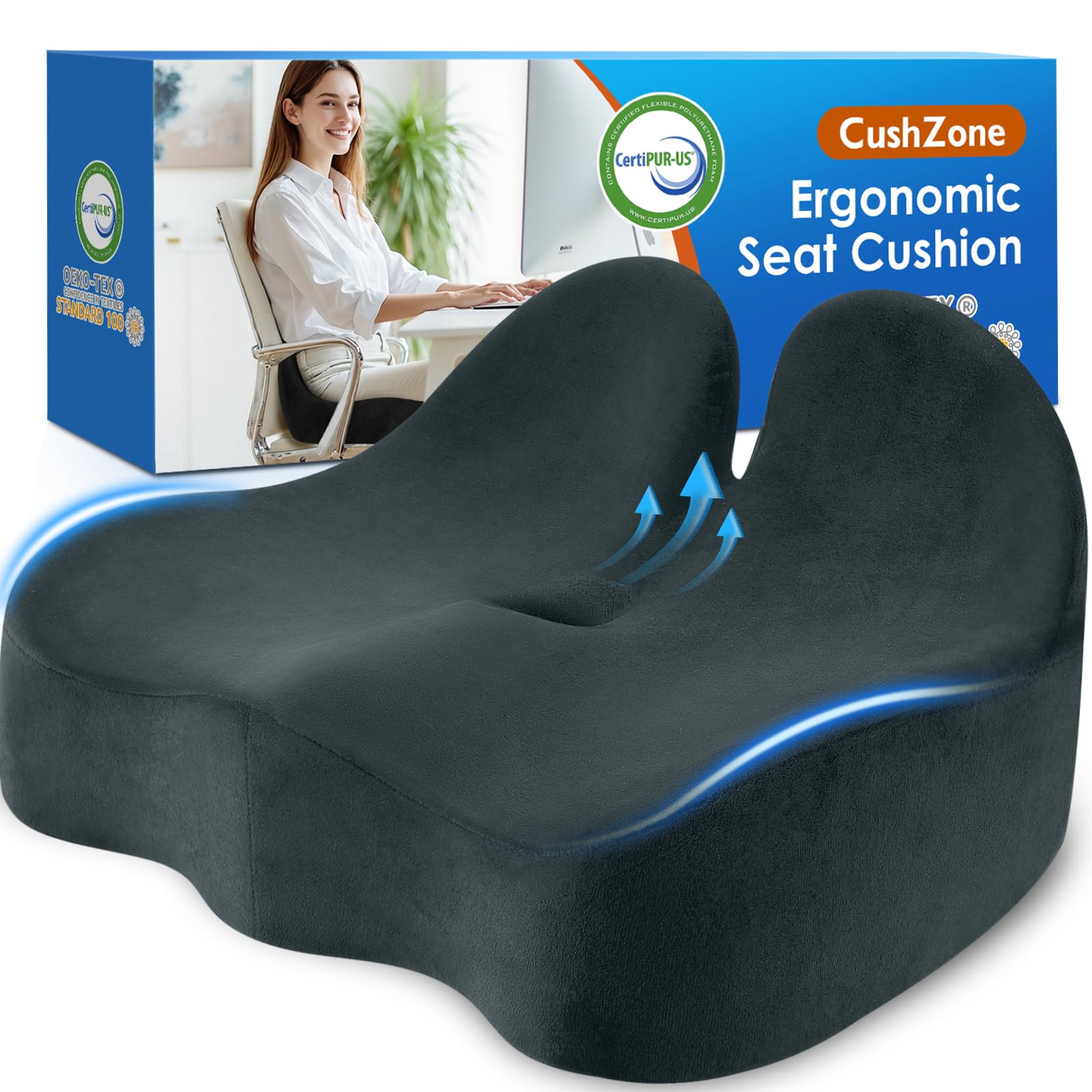 CushZone Ergonomic Seat Cushion, Sciatica Support for Chair, Blue Grey