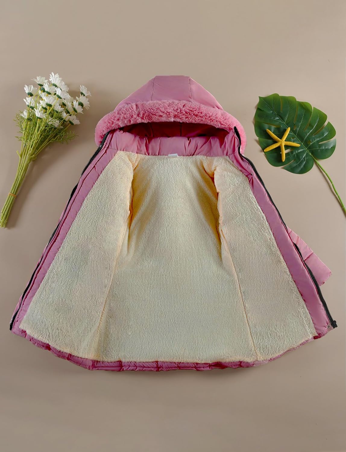 Happy Cherry Girls Winter Coat Heavyweight Fleece Kids Snow Puffer Jacket Hooded Warm With Waist Belt and Pockets - Image 2