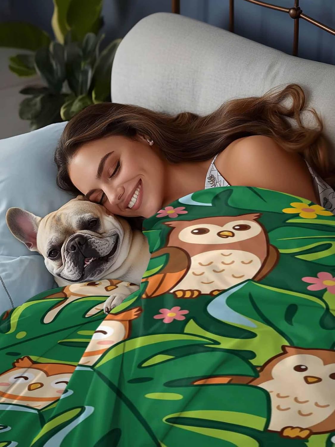 Full Size Flat Sheet Only, Cartoon Owls Green Palm Leaves Bed Top Sheet Soft Microfiber Breathable Bedding Flat Sheets, Summer Flower Leaf Top Sheets Hotel Luxury