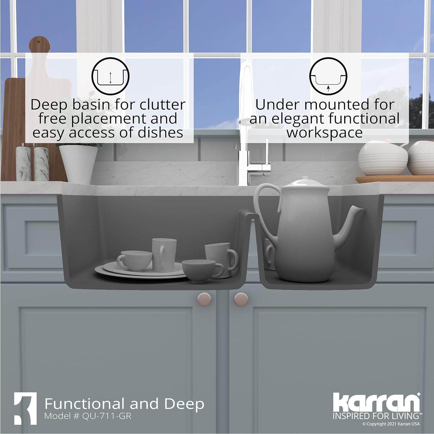 Karran QU-711 32" Undermount Quartz Composite Kitchen Sink, 60/40 Double Bowl, Rear Drain, Heat & Scratch Resistant, Easy Clean, Grey