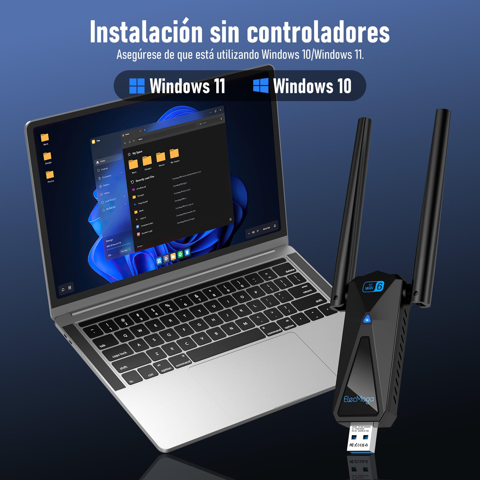 ElecMoga WLAN Stick WiFi 6, 5400 Mbps WLAN adapter PC, USB Stick 3.0, antena High Gain 2dBi, obsługuje Tri-Band Internet 2,4 GHz/5 GHz/6GHz, kompatybilny z Windows 10/11