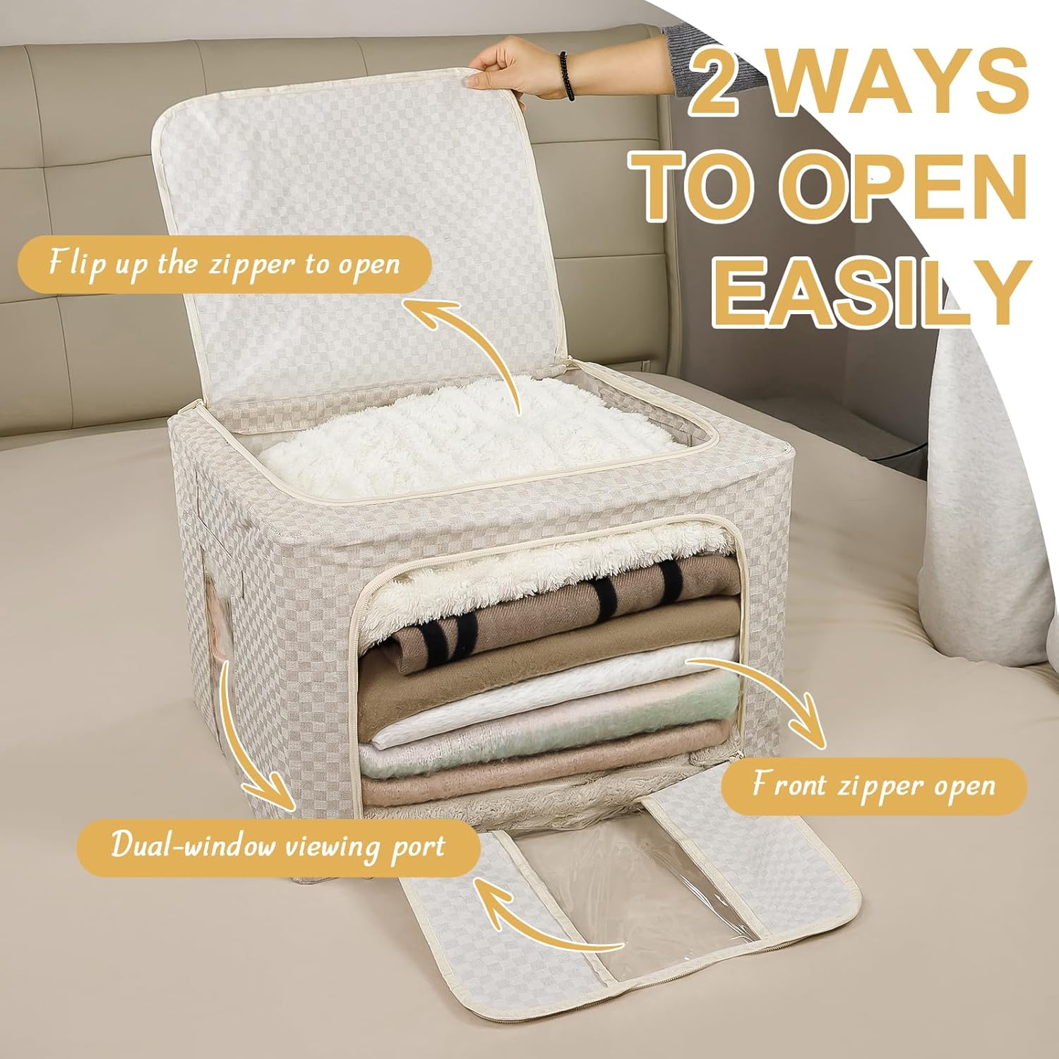 3 Pack Clothes Storage Bins with Metal Frame,Foldable Storage Bin with Lid for Clothes,Stackable Cotton Linen Fabric Organizer Set with Carrying Handles and Clear Window(Grey Checkered, 66L)