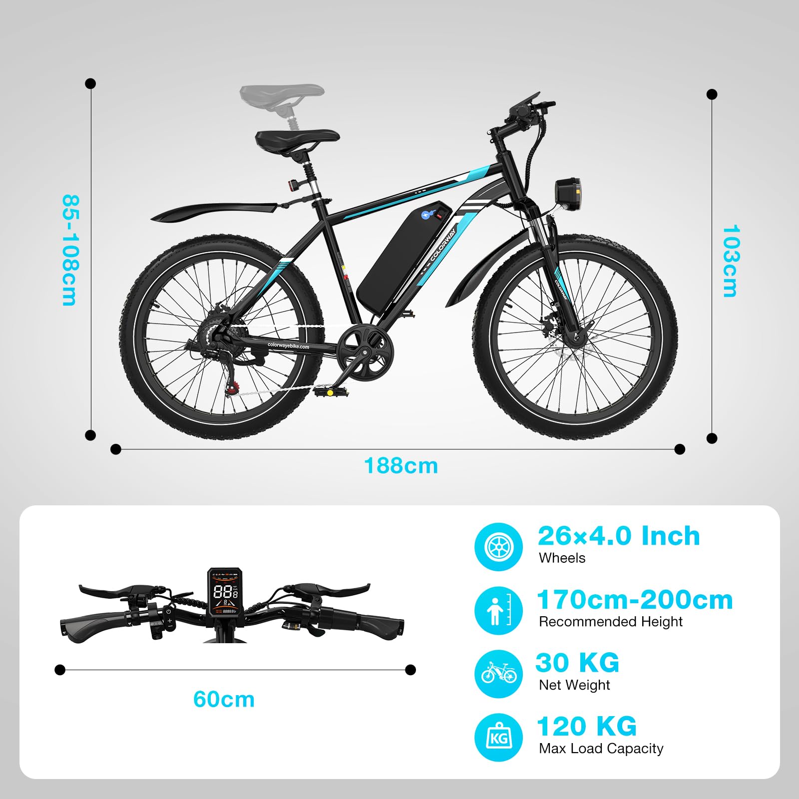 COLORWAY Bicicleta Eléctrica 26” Fat Tire 48V 15Ah 720Wh, Motor 250W, 7 Velocidades, Suspensión Delantera, Doble Freno de Disco, E-Bike para Montaña y Ciudad