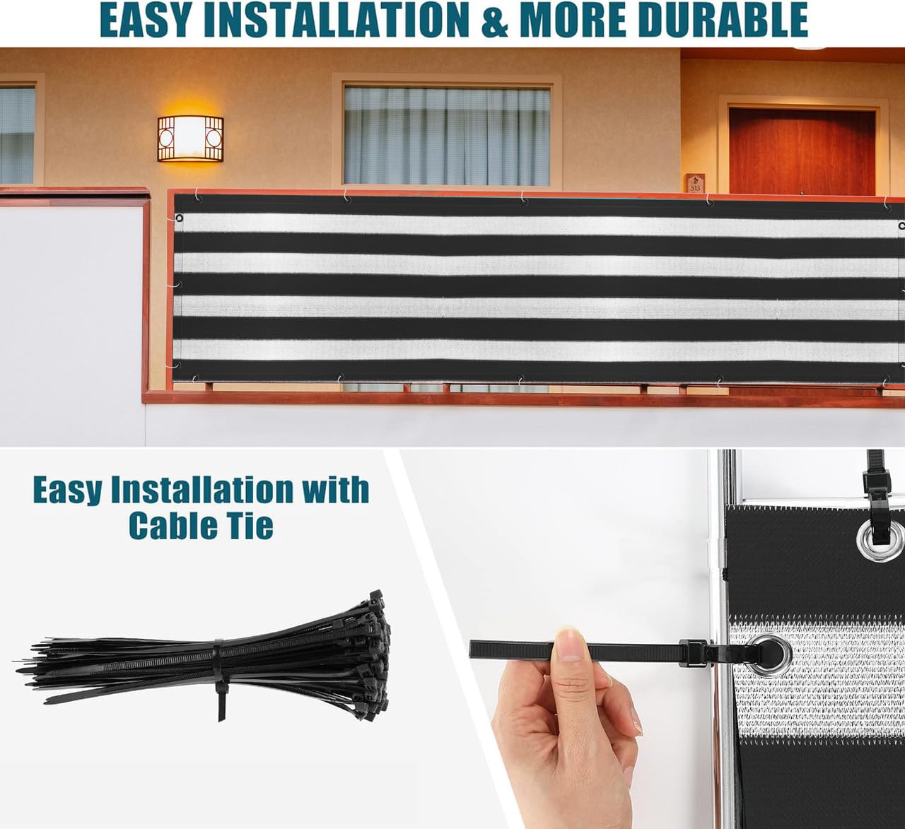 GREEN DECOR HDPE Stripe Self Fold Balcony Net with SS Eyelets & Cable Ties|UV Resistant, & Breathable Baby Kids Safety Net for Balcony,Staircase Railing Guard (Black&White Color, 0.90X4 MTR) 4
